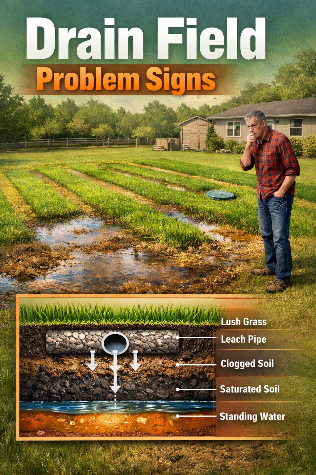 Portrait/Pinterest format () aerial-perspective illustration of a residential drain field showing wet soggy grass patches,