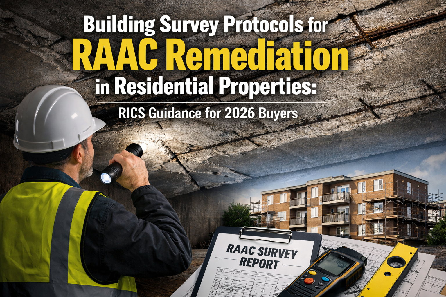 Professional landscape hero image () with : "Building Survey Protocols for RAAC Remediation in Residential Properties: RICS