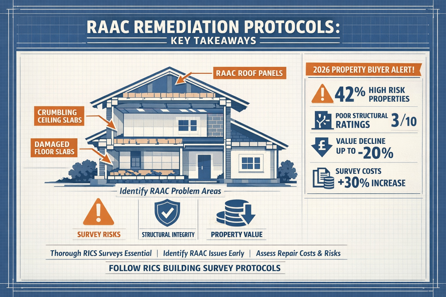 A comprehensive key takeaways infographic for RAAC remediation protocols, featuring a clean architectural blueprint-style