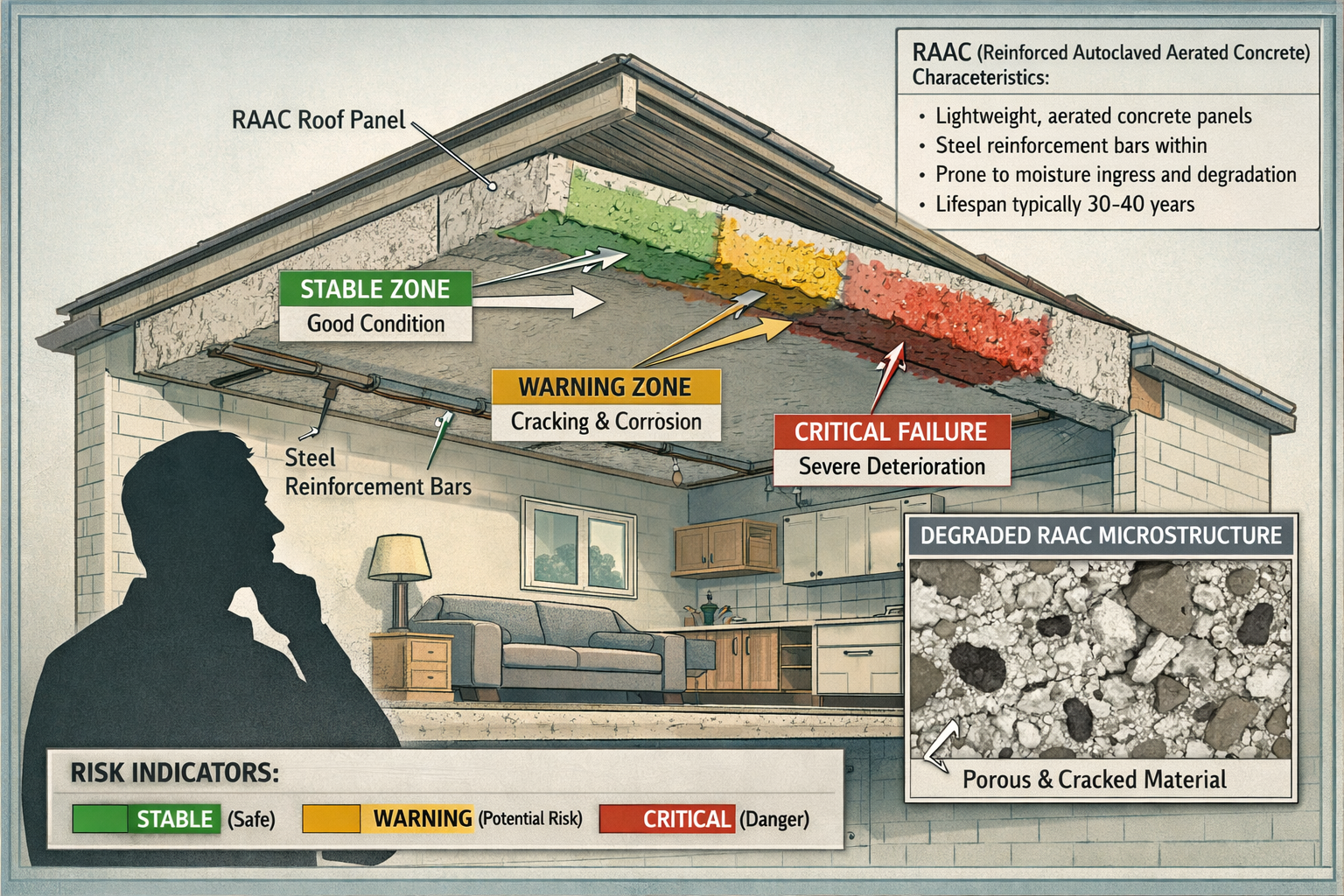 Technical architectural illustration depicting RAAC (Reinforced Autoclaved Aerated Concrete) structural vulnerabilities in a