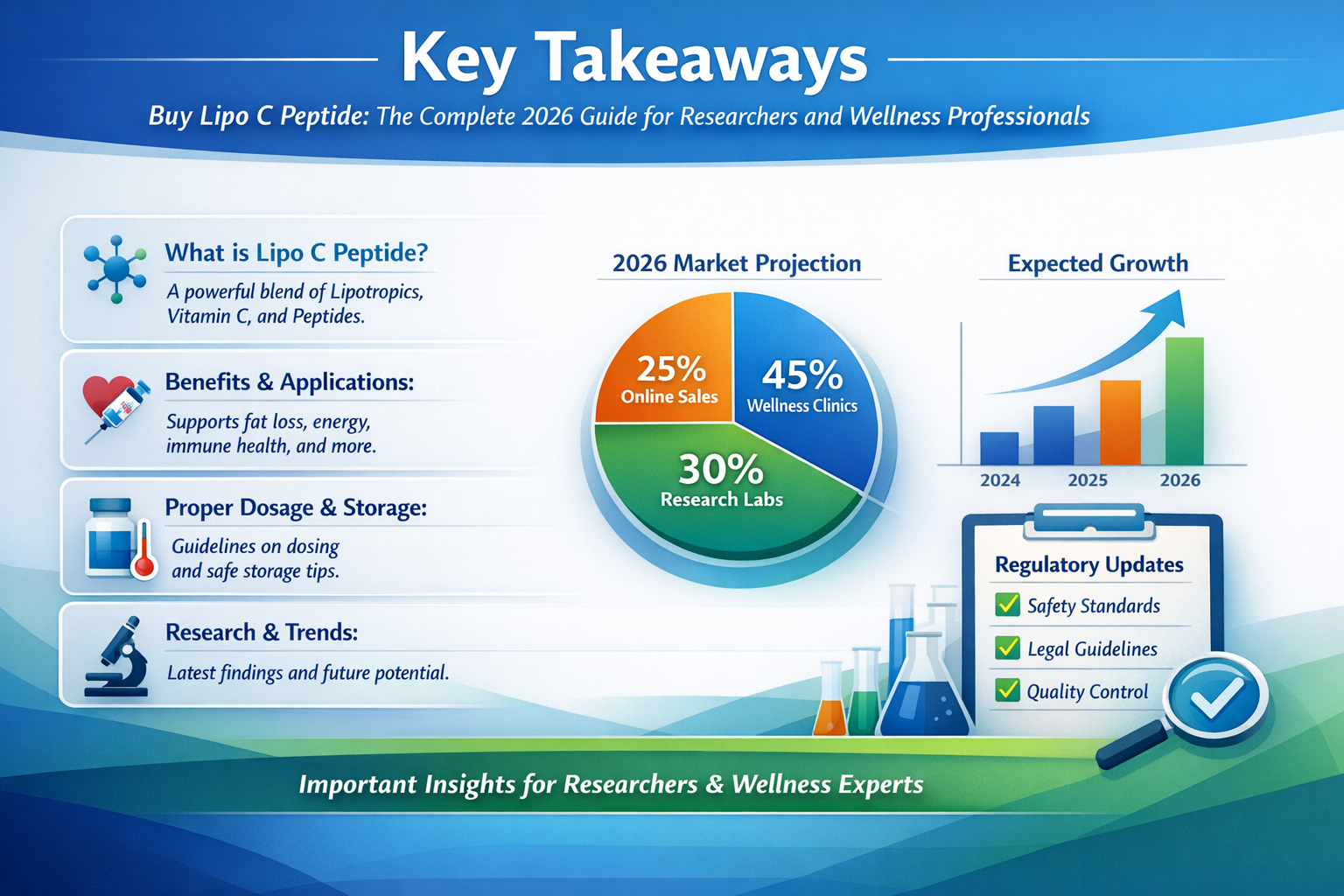 Professional landscape infographic (1536x1024) for article "Buy Lipo C Peptide: The Complete 2026 Guide for Researchers and Wellness Profess