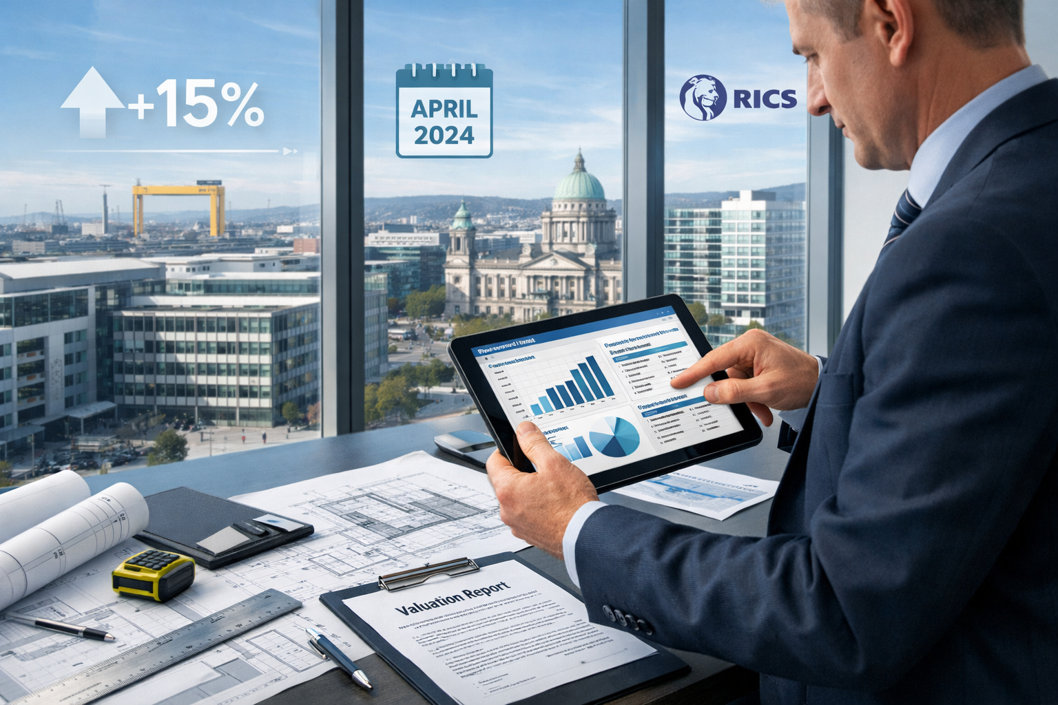 Detailed () image showing professional chartered surveyor in business attire conducting property valuation assessment inside