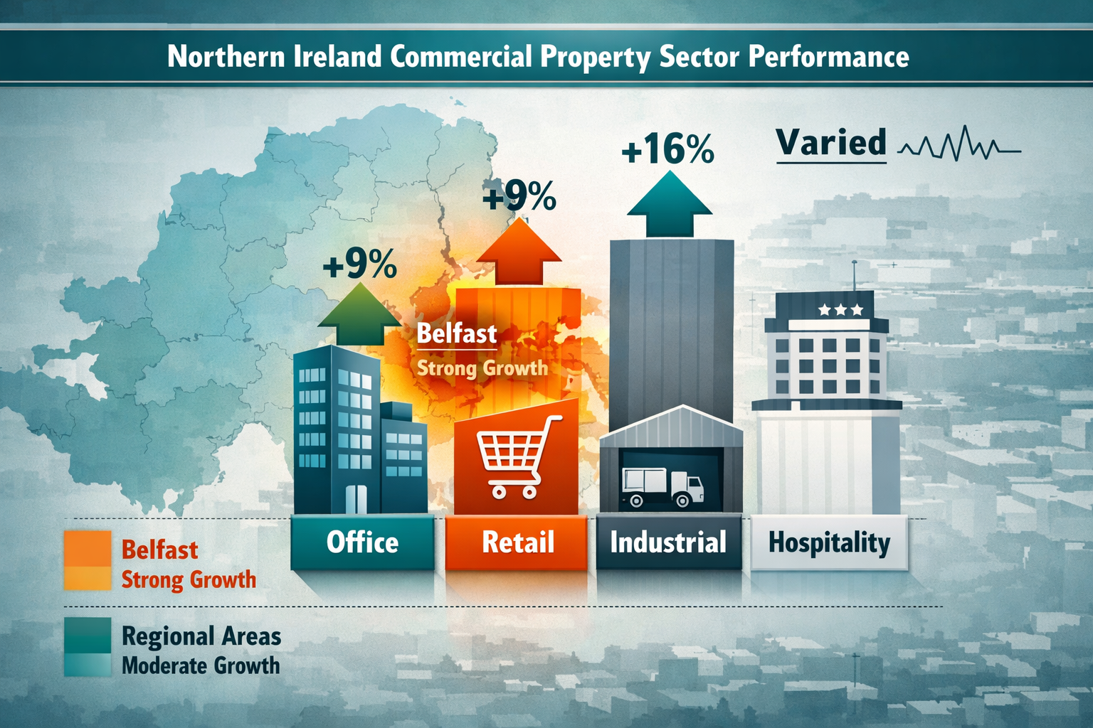 Detailed () infographic-style image displaying Northern Ireland commercial property sector performance comparison chart with