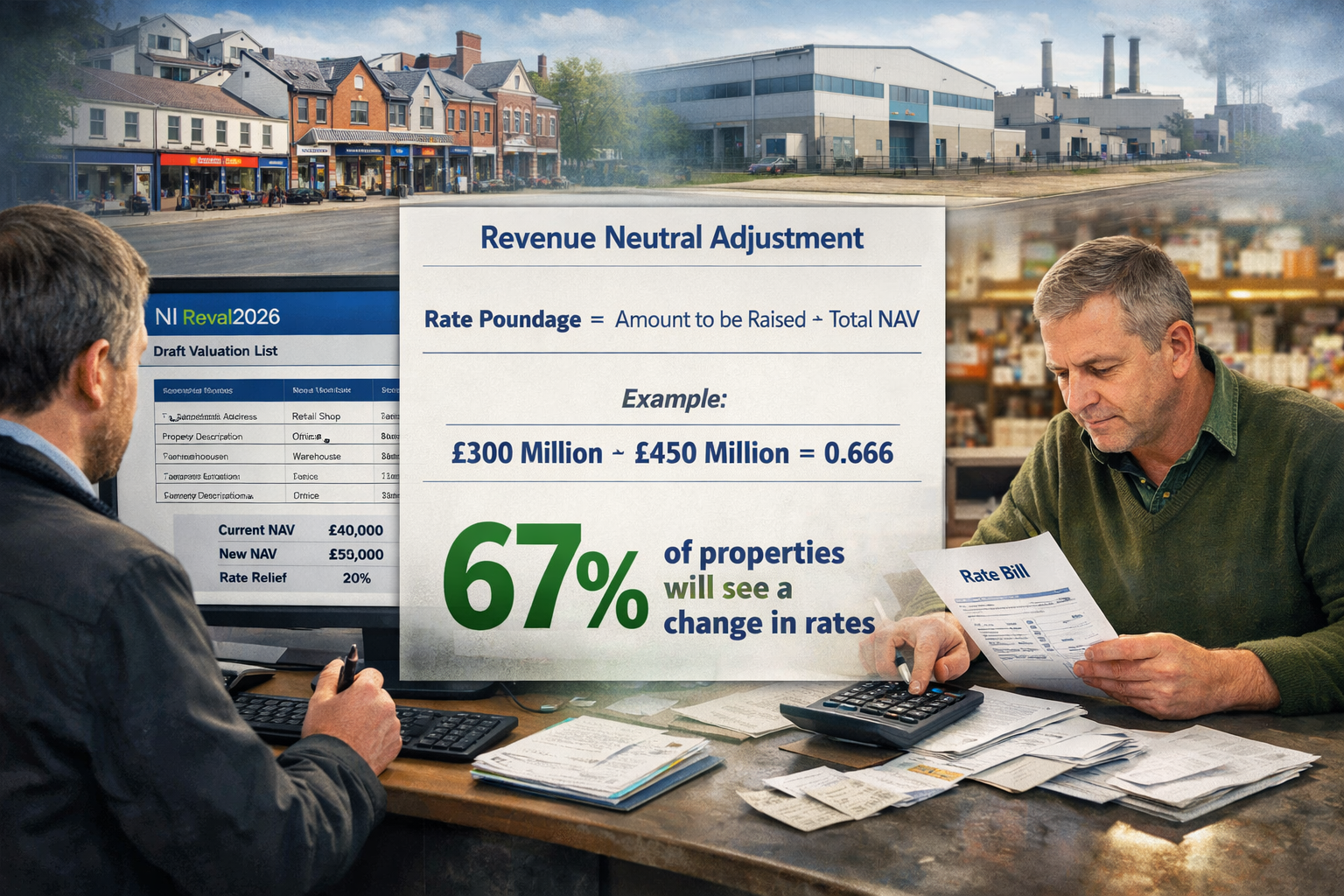 Detailed () split-screen composition image showing left side: surveyor reviewing draft valuation list on computer screen