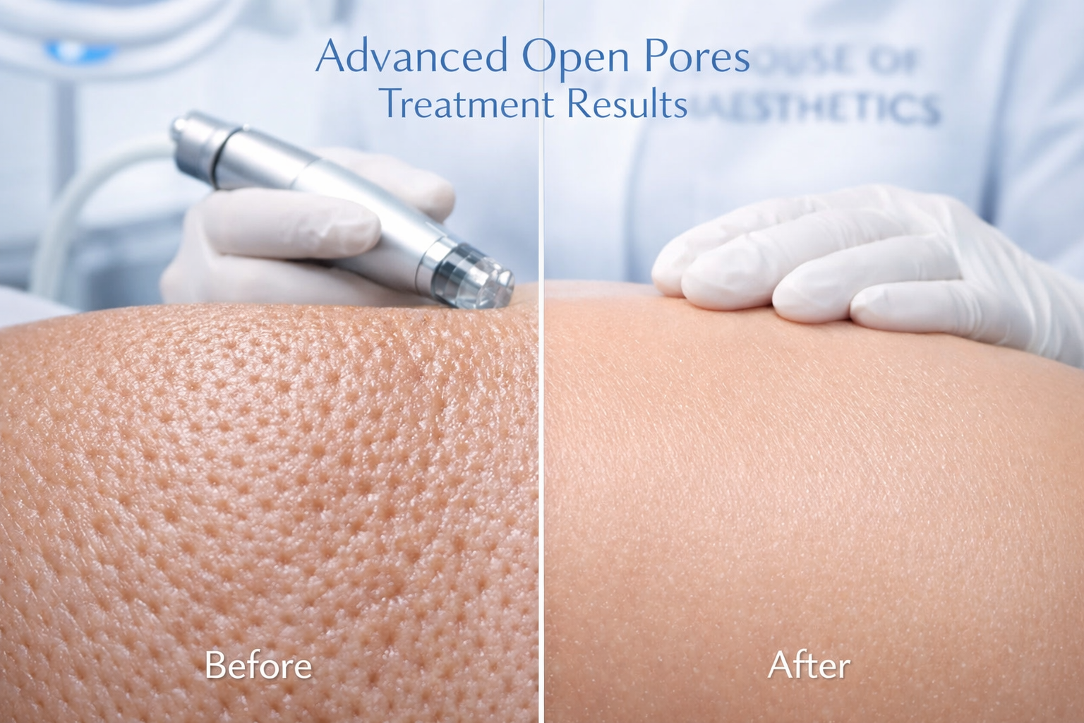 Detailed landscape format (1536x1024) image showing before and after comparison of open pores treatment results. Split-screen composition wi