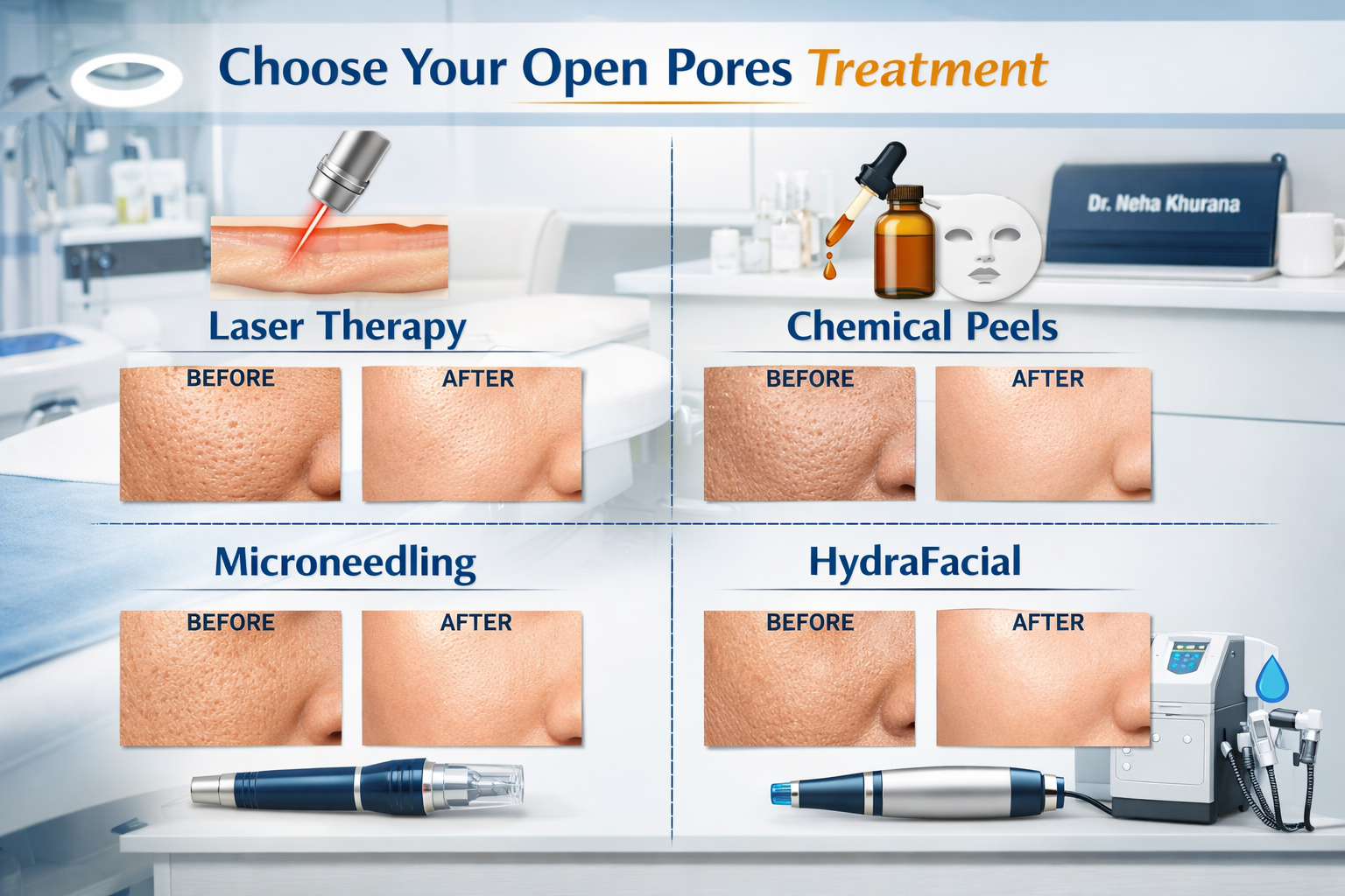 Professional landscape format (1536x1024) infographic-style image displaying various open pores treatment options including laser therapy, c
