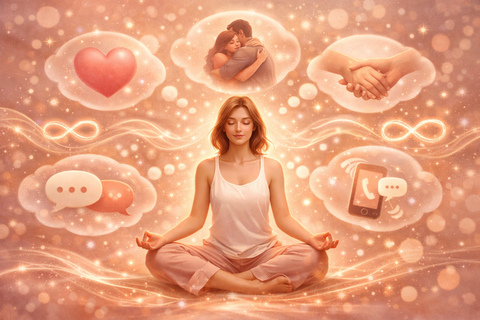() image showing a peaceful person in meditation pose surrounded by floating thought bubbles containing hearts,