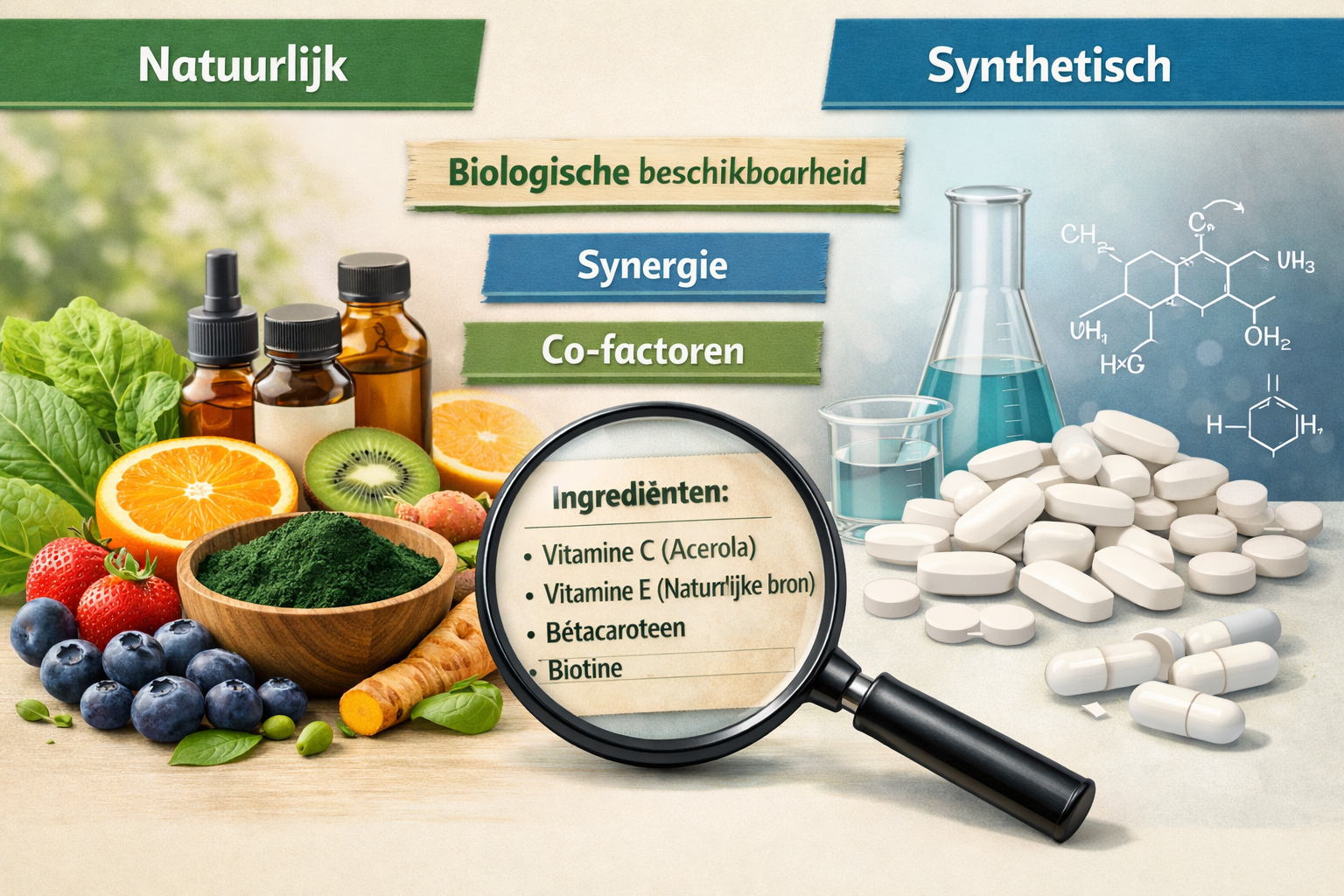 Afbeeldingen met nederlandse tekst Landscape format (1536x1024) detailed comparison infographic showing natural vitamin sources versus synth