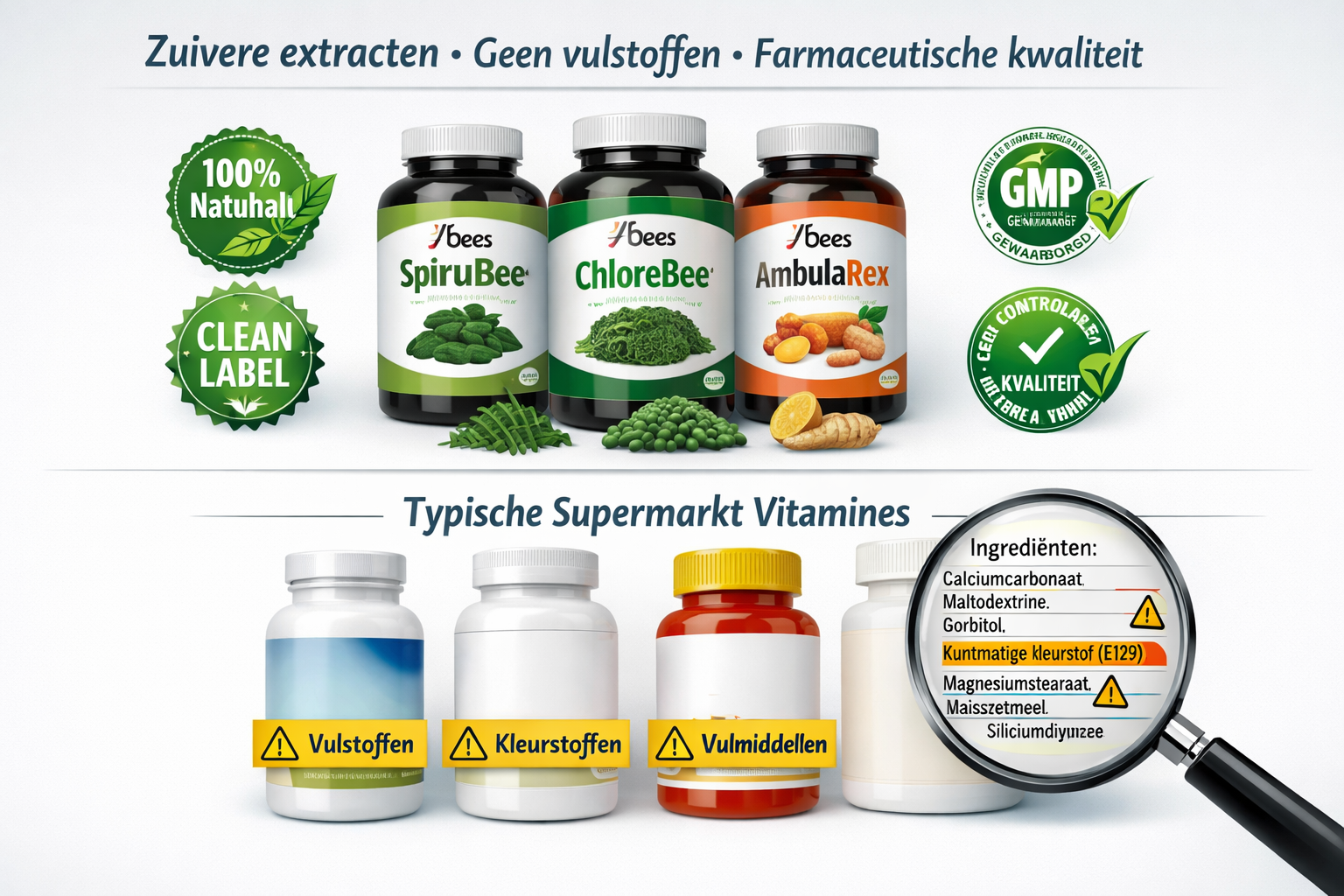 Afbeeldingen met nederlandse tekst Landscape format (1536x1024) product quality comparison table displayed as modern infographic. Top sectio