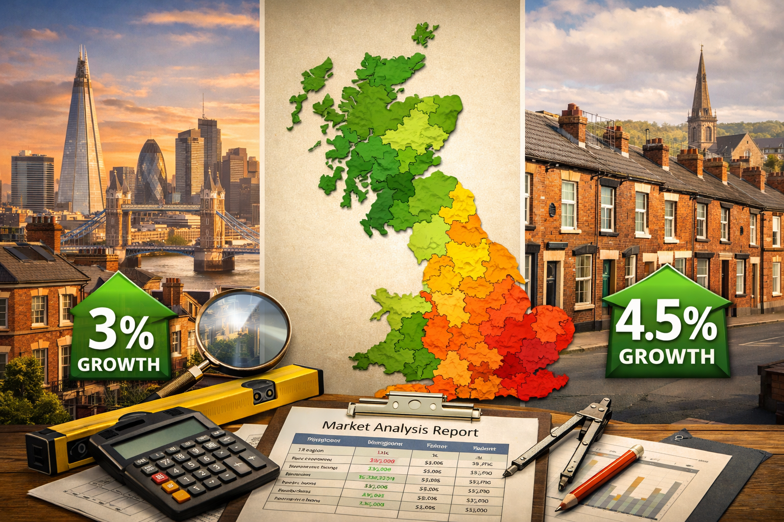 () split-screen composition showing regional UK property market variations, left side displays London skyline with modest 3%