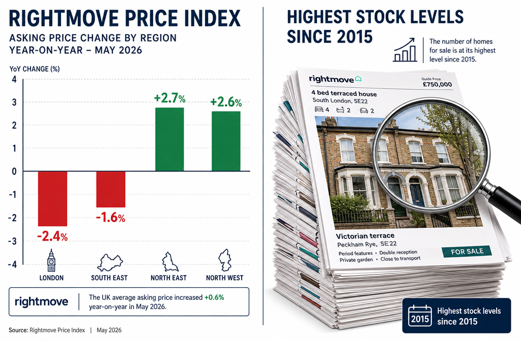 Detailed () editorial infographic showing a split-screen composition: left side displays a Rightmove-style price index bar