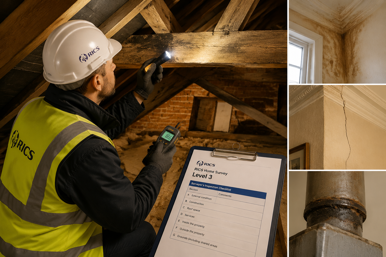 Detailed () editorial photograph-style illustration showing a RICS-qualified surveyor in a hard hat and hi-vis vest
