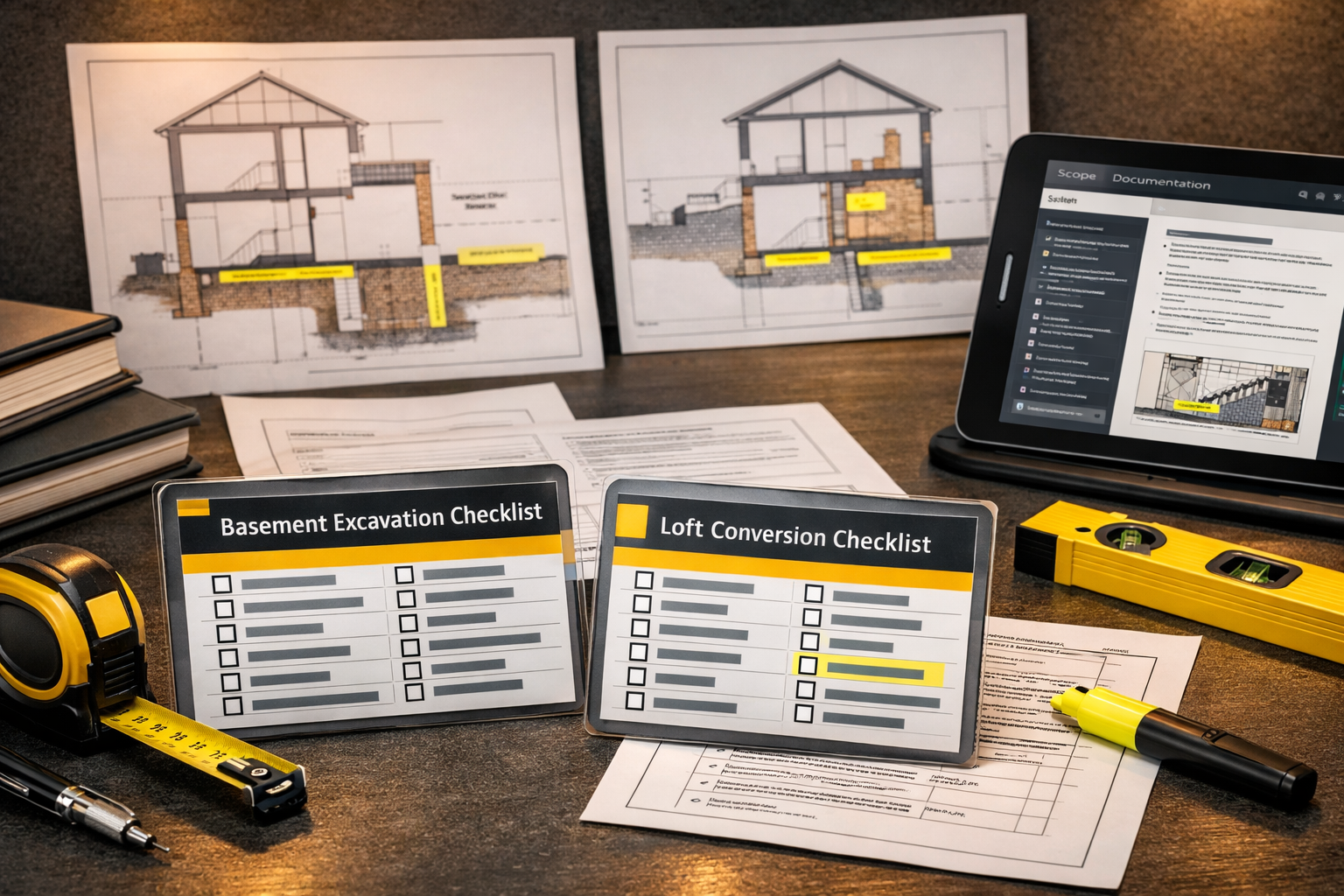 Landscape format (1536x1024) detailed image showing a professional surveyor's desk with multiple checklists and boundary definition document
