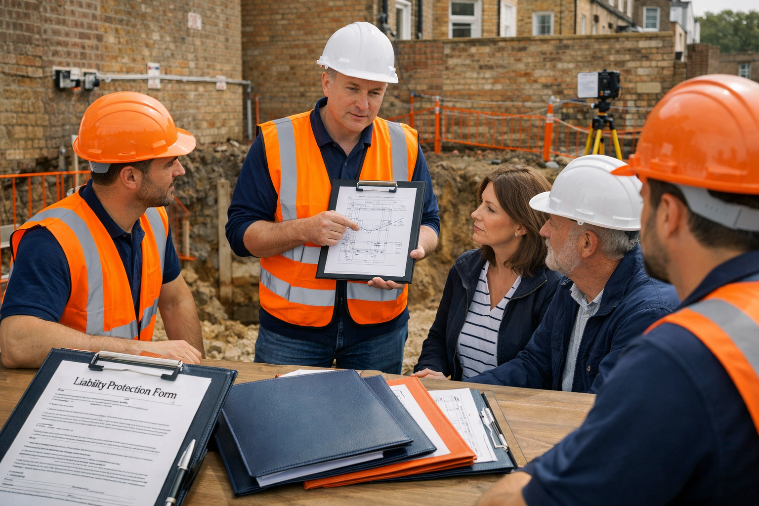 Landscape format (1536x1024) image showing a construction site meeting focused on party wall agreement documentation, professional surveyor