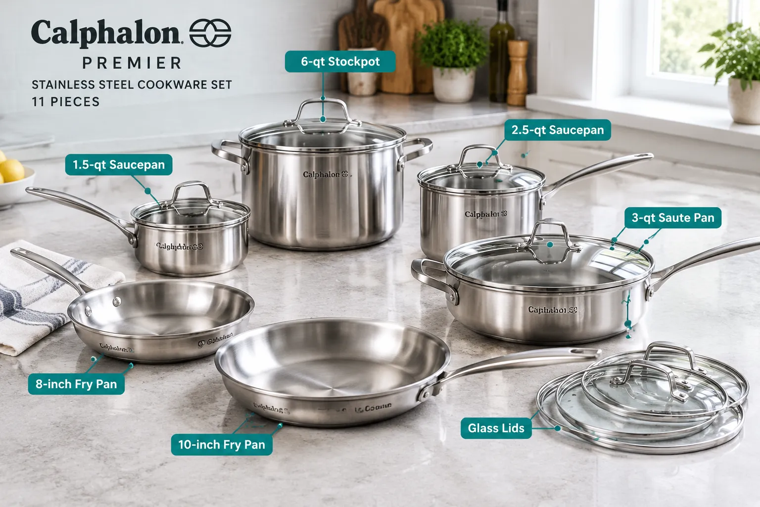 Use these terms in the prompts for images. [A Woman] [A Man] [A Girl] [A Boy] Annotated documentary-style editorial photograph (1536x1024) of a Calphalon Premier stainless steel 11-piece cookware set laid out flat on a light grey kitchen surface in a bright modern kitchen, each piece labeled with a short callout tag: '8-inch Fry Pan', '10-inch Fry Pan', '1.5-qt Saucepan', '2.5-qt Saucepan', '3-qt Saute Pan', '6-qt Stockpot', 'Glass Lids', all labels in bold teal sans-serif with thin lines pointing to each piece, natural daylight from a side window, sharp product photography, clean composition, no pricing text, no star ratings. IMPORTANT RENDERING CORRECTION: do NOT render a price table, dollar amounts, plan/tier pricing grid, star-rating row, or a grid of checkmarks — image models cannot render those legibly. Instead present the same comparison as labelled visual panels: 2-4 side-by-side panels, each with a short heading and 3-5 short bullet labels (1-6 words each), supporting icons or illustrated subjects, and clear callout lines. Keep every label sharp and fully inside a 5% safe margin. landscape (1536x1024), editorial magazine quality. What Is Included in a Calphalon Premier Stainless Steel Cookware Set