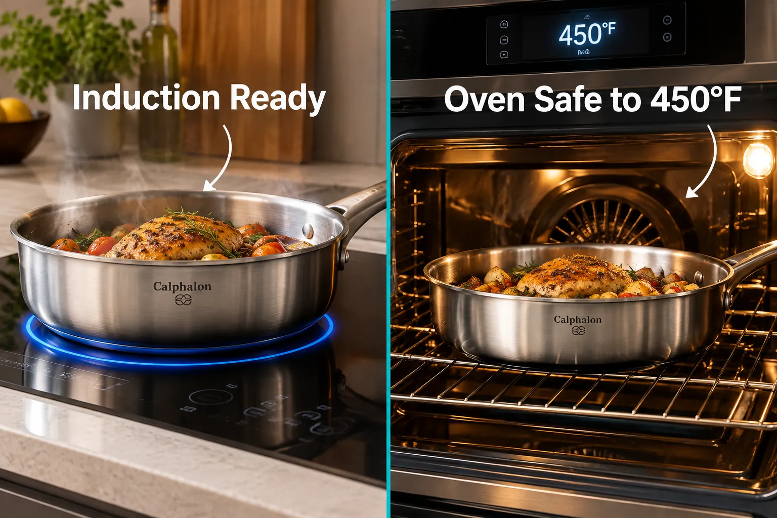 Use these terms in the prompts for images. [A Woman] [A Man] [A Girl] [A Boy] Split-screen editorial comparison image (1536x1024): Left half shows a Calphalon Premier stainless steel pan on a modern induction cooktop with a glowing induction ring visible beneath, labeled 'Induction Ready' in bold white sans-serif with a callout arrow. Right half shows the same pan inside a bright oven at 450°F with the oven temperature display visible, labeled 'Oven Safe to 450°F' in bold white sans-serif. Center dividing line is a thin teal rule. Warm editorial lighting, high-contrast magazine composition, no dollar amounts, no checkmark grids, professional kitchen photography quality. Is the Calphalon Premier Stainless Steel Cookware Set Oven Safe and Induction Compatible