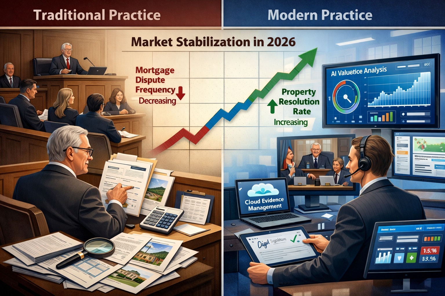 Detailed landscape format (1536x1024) split-screen comparison image showing 'Traditional vs Modern Expert Witness Practice in 2026'. Left si