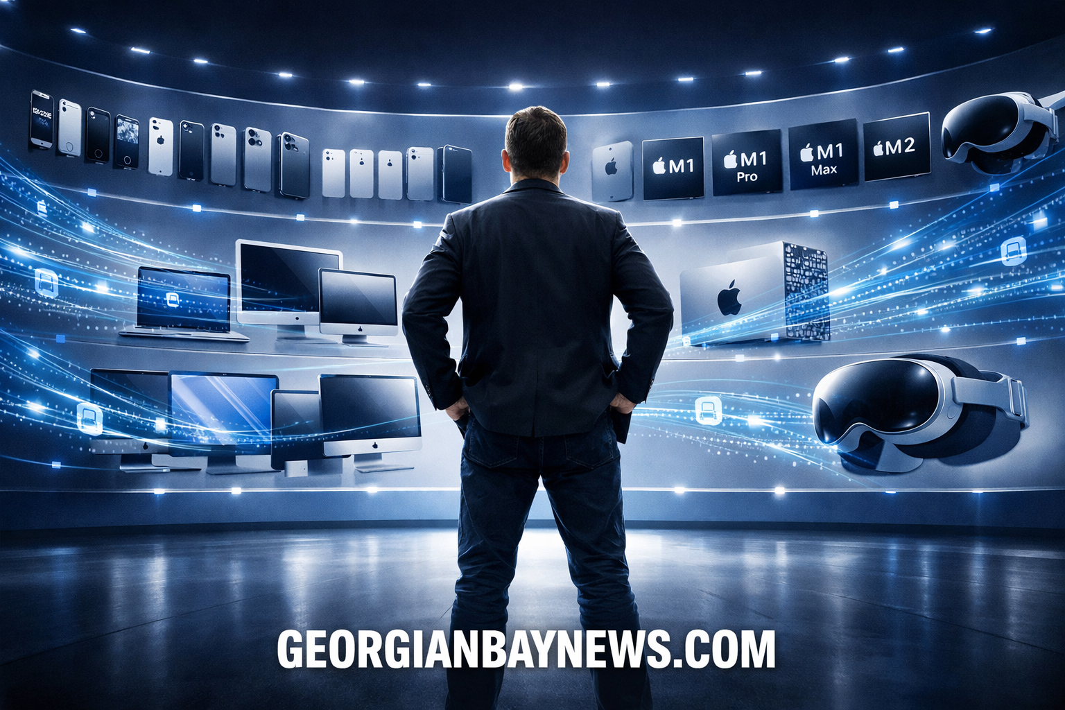 () editorial illustration showing John Ternus-inspired executive figure standing before a massive display wall covered in