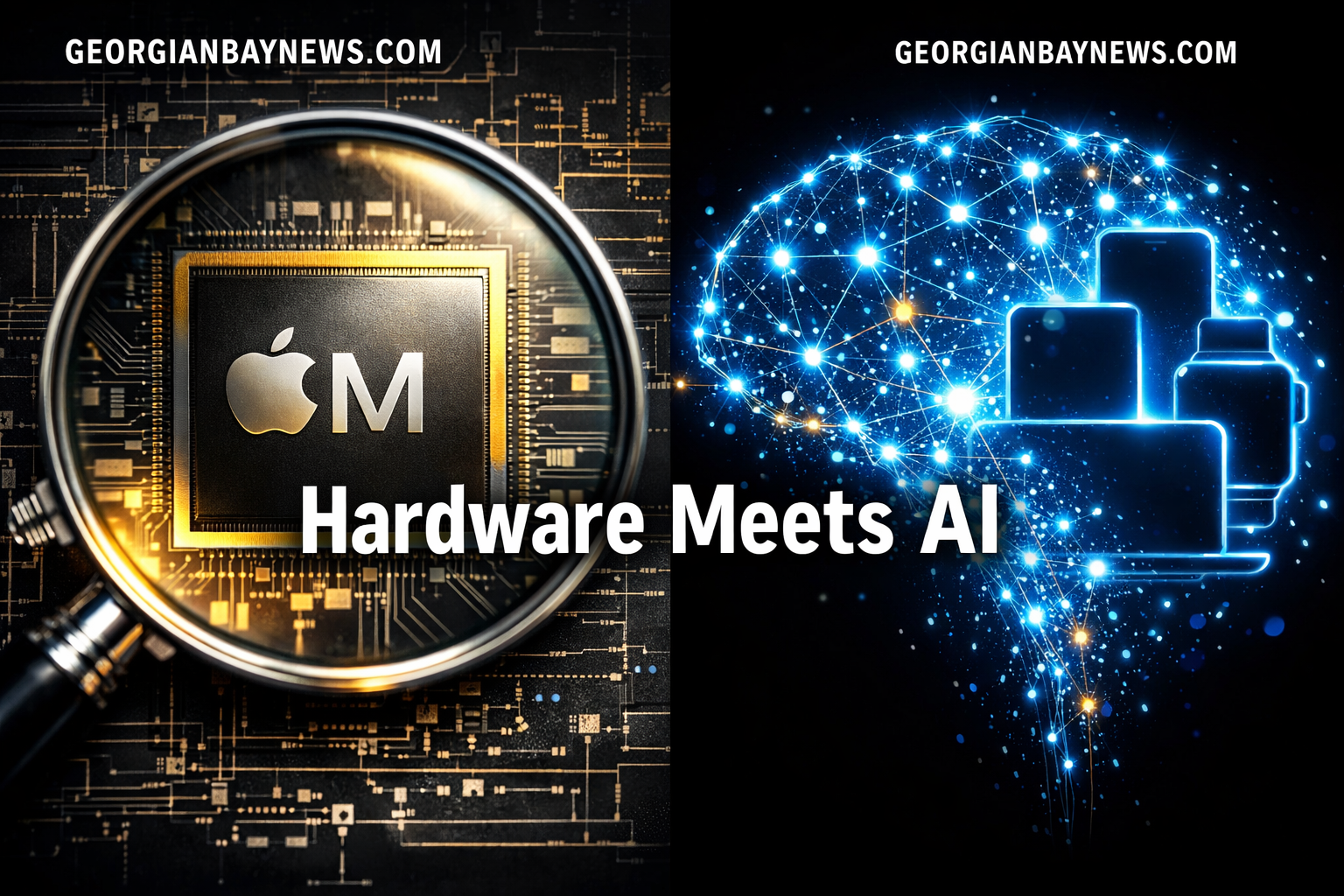 () split-composition image: left side shows a physical Apple chip (M-series style) under a magnifying glass with engineering