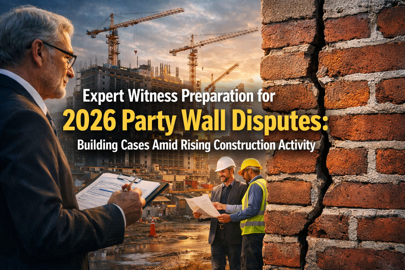 Professional landscape hero image (1536x1024) with bold text overlay: "Expert Witness Preparation for 2026 Party Wall Disputes: Building Cas