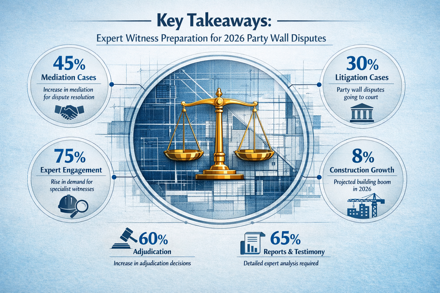 Key Takeaways section infographic visualizing expert witness preparation for 2026 party wall disputes. Central graphic shows architectural b