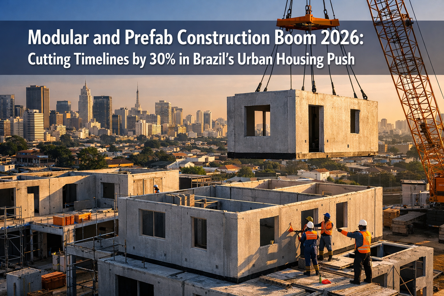 Professional () hero image featuring 'Modular and Prefab Construction Boom 2026: Cutting Timelines by 30% in Brazil's Urban