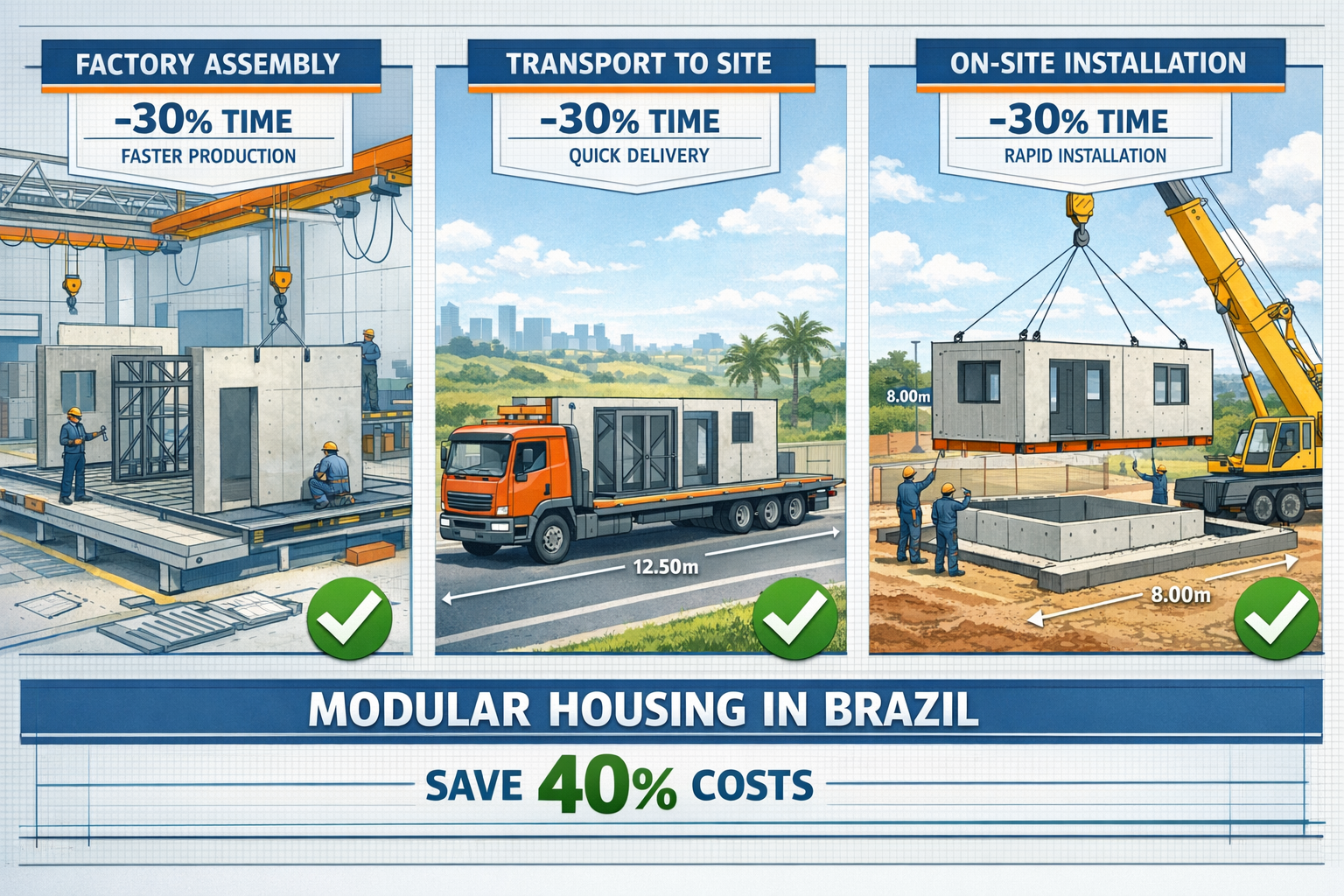 Detailed () image showing cutaway technical diagram of modular housing unit construction process in Brazil, with three