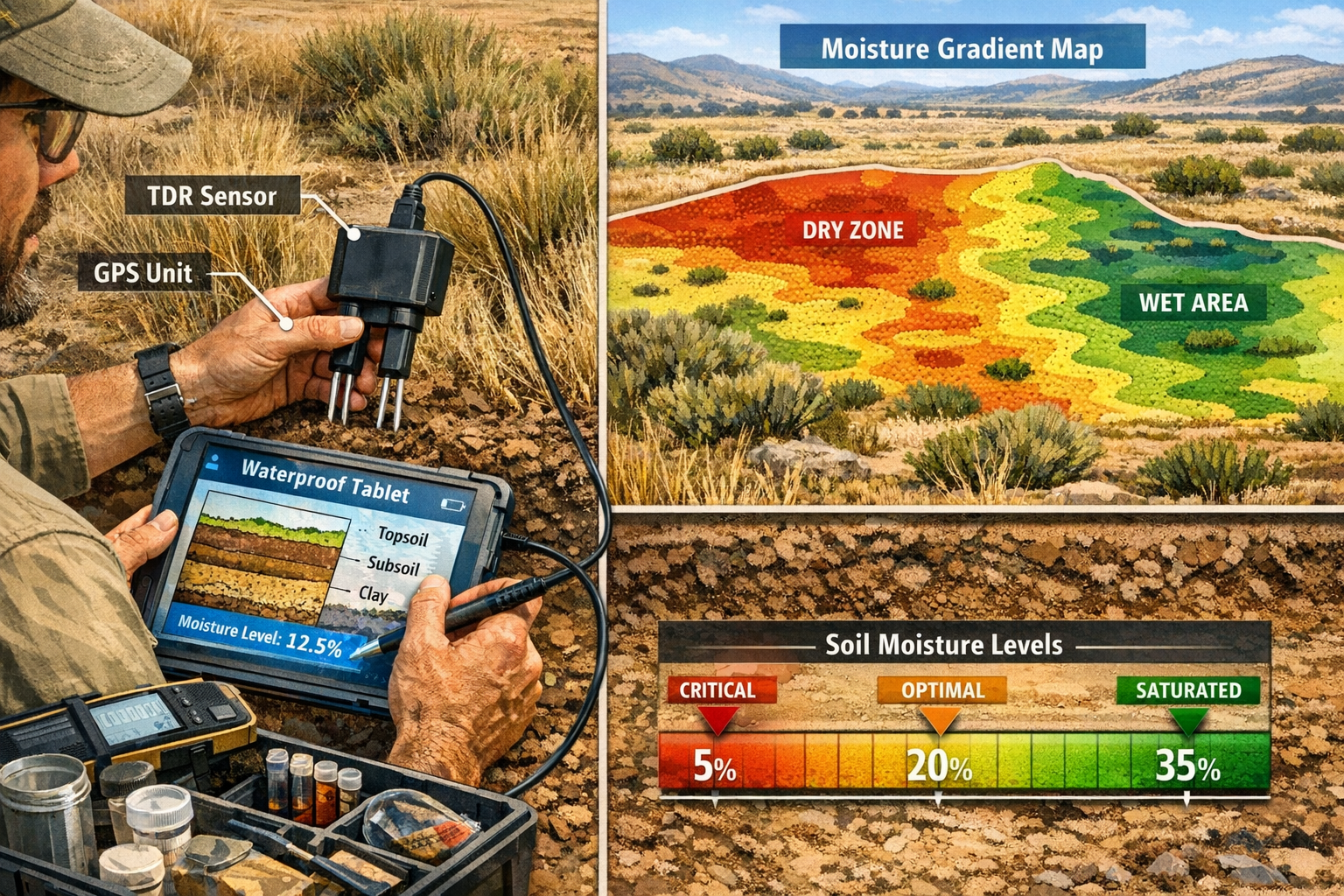 () detailed illustration showing ecologist conducting soil moisture survey with handheld digital probe in semi-arid