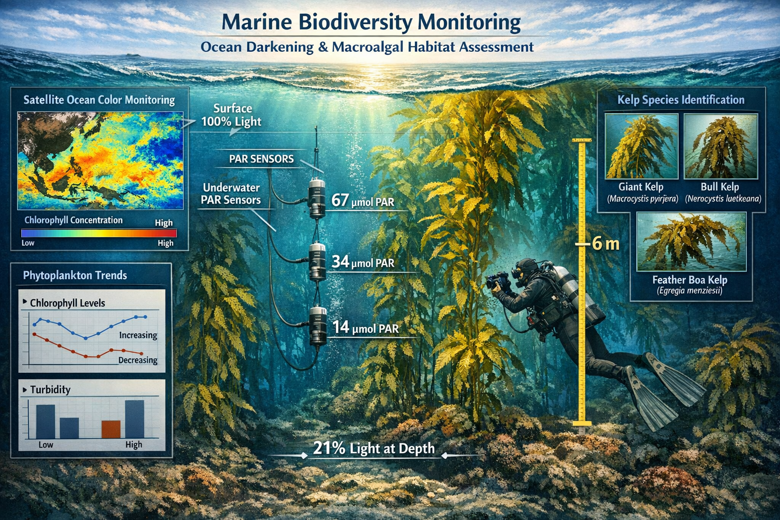 () comprehensive infographic-style illustration depicting marine biodiversity monitoring protocols for ocean darkening and