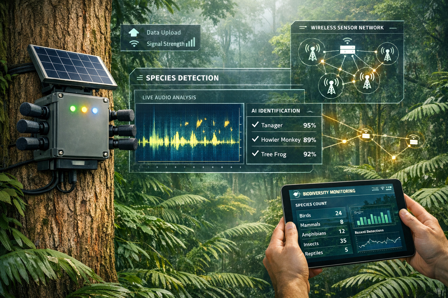 () modern technology integration scene showing TinyML biodiversity detection devices deployed in remote rainforest setting.