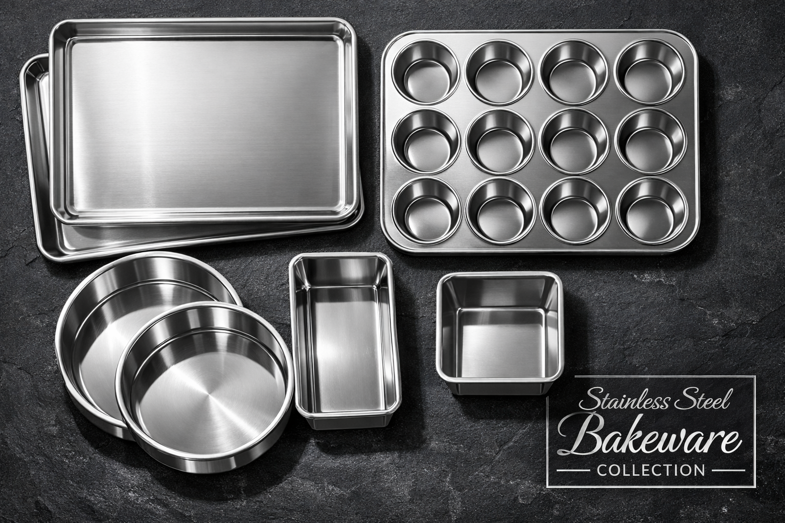 stainless steel bakeware set Flat-lay overhead shot of a complete stainless steel bakeware set arranged on a dark slate surface, showing sheet pans, round cake pans, loaf pan, and muffin tin with mirror-polished finish catching studio light, label reading 'Stainless Steel Bakeware Collection' visible in corner.