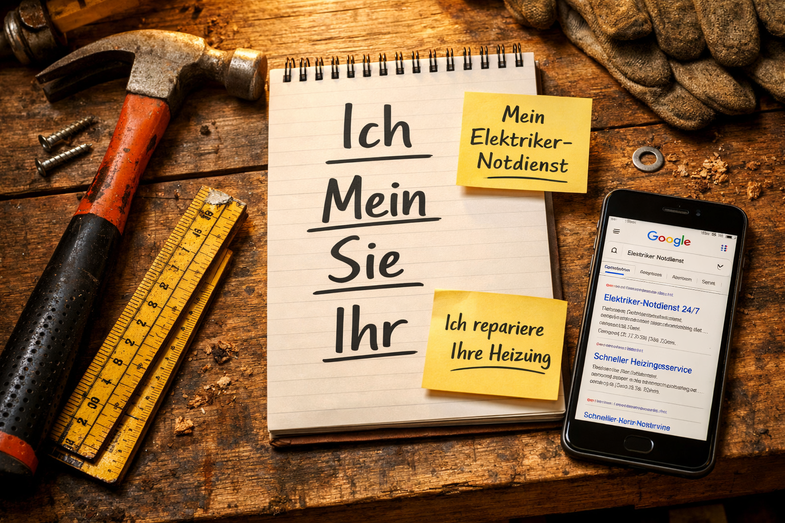 Detailliertes Querformat () Bild präsentiert Nahaufnahme eines Notizblocks auf Werkbank mit handgeschriebener Liste von