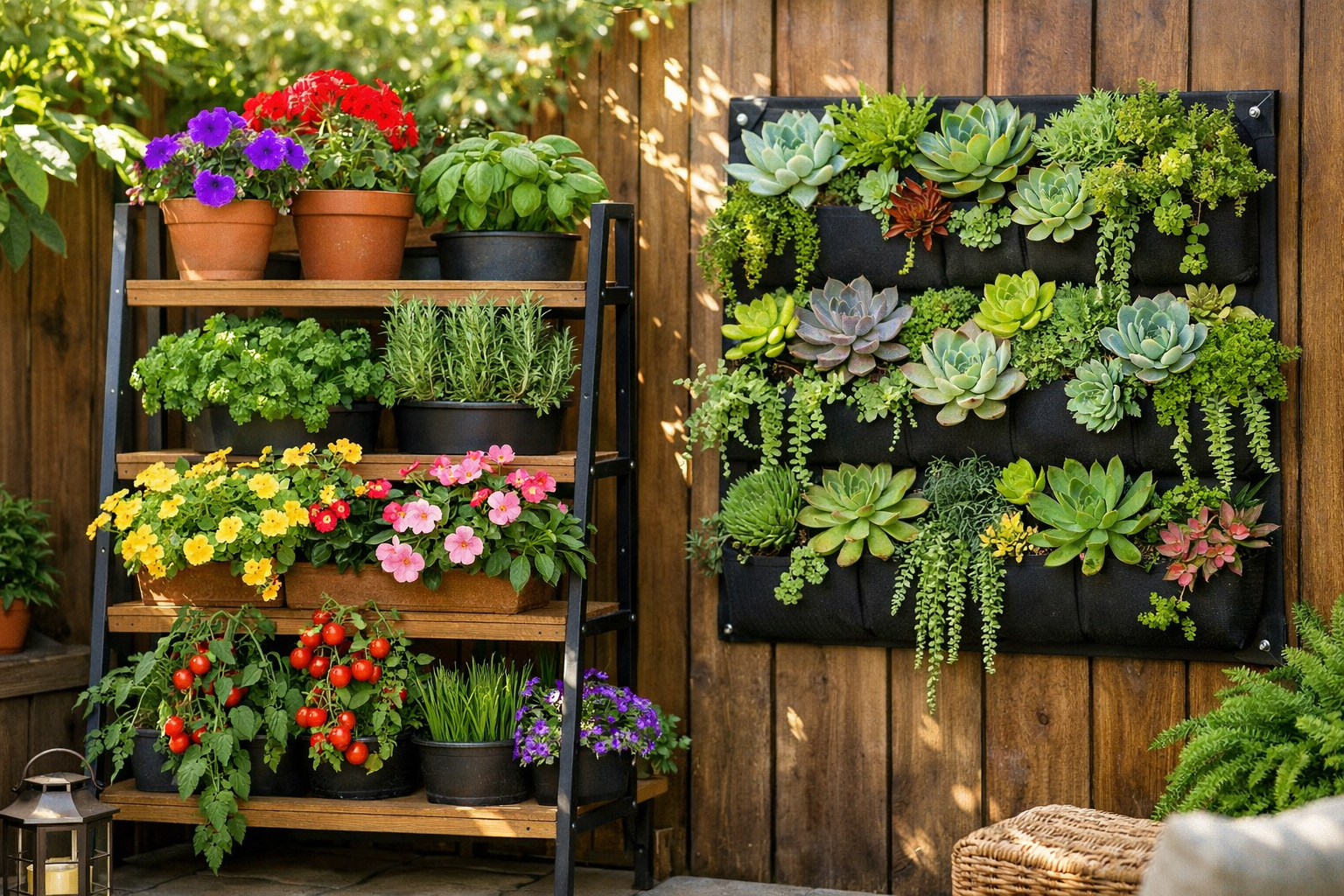Detailed () image showcasing vertical gardening and smart plant choices for a small patio. A tiered planter stand holds a