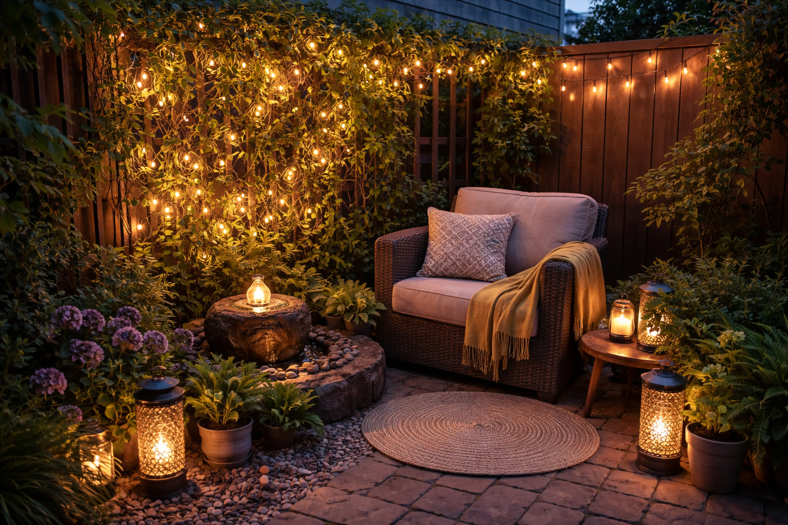 Detailed () image illustrating smart lighting and mood creation in a tiny backyard nook. Fairy lights are woven through a