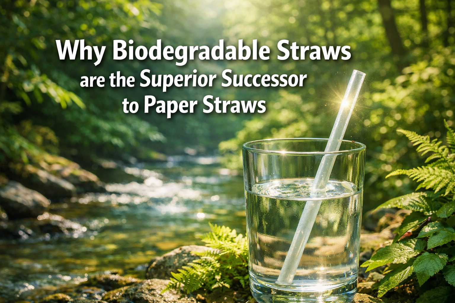 Professional landscape format (1536x1024) hero image with bold text overlay: 'Why Biodegradable Straws are the Superior Successor to Paper S