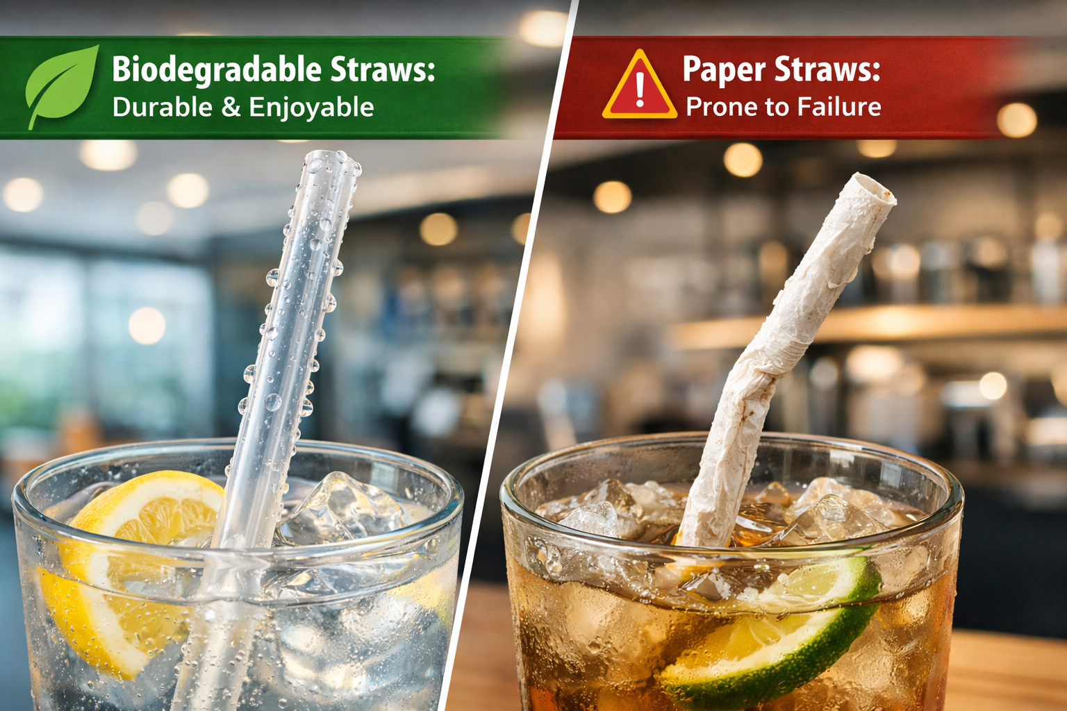 Landscape format (1536x1024) image illustrating the structural integrity and user experience of biodegradable straws versus paper straws. On