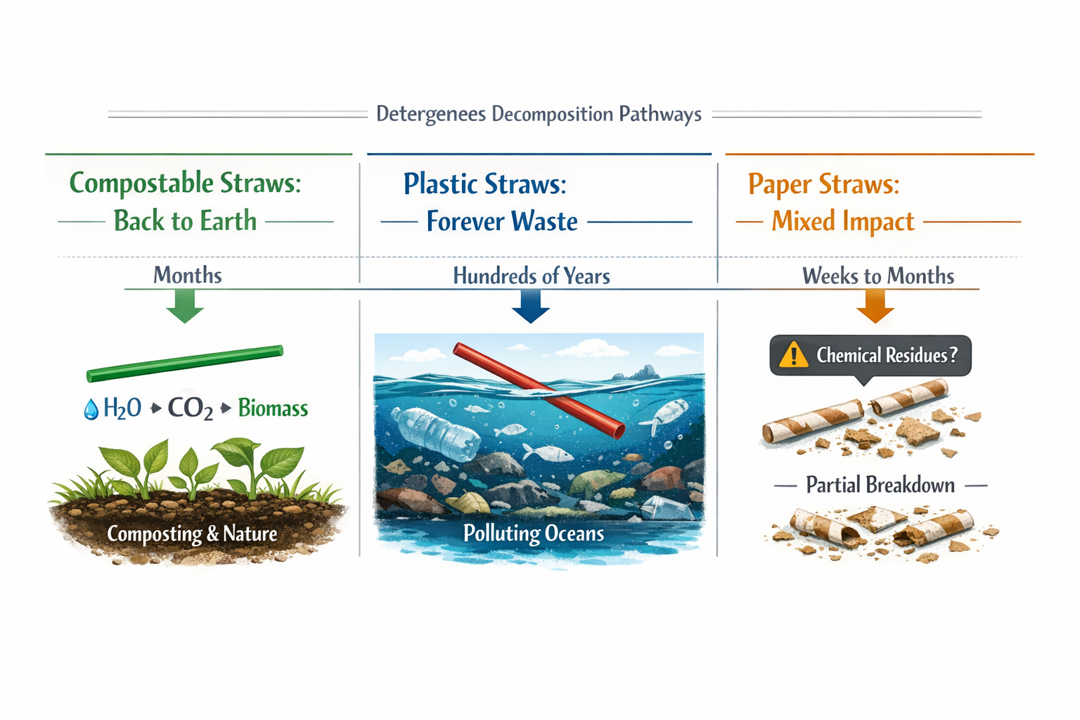 Landscape format (1536x1024) infographic comparing the environmental decomposition pathways of Biodegradable Straws, traditional plastic str