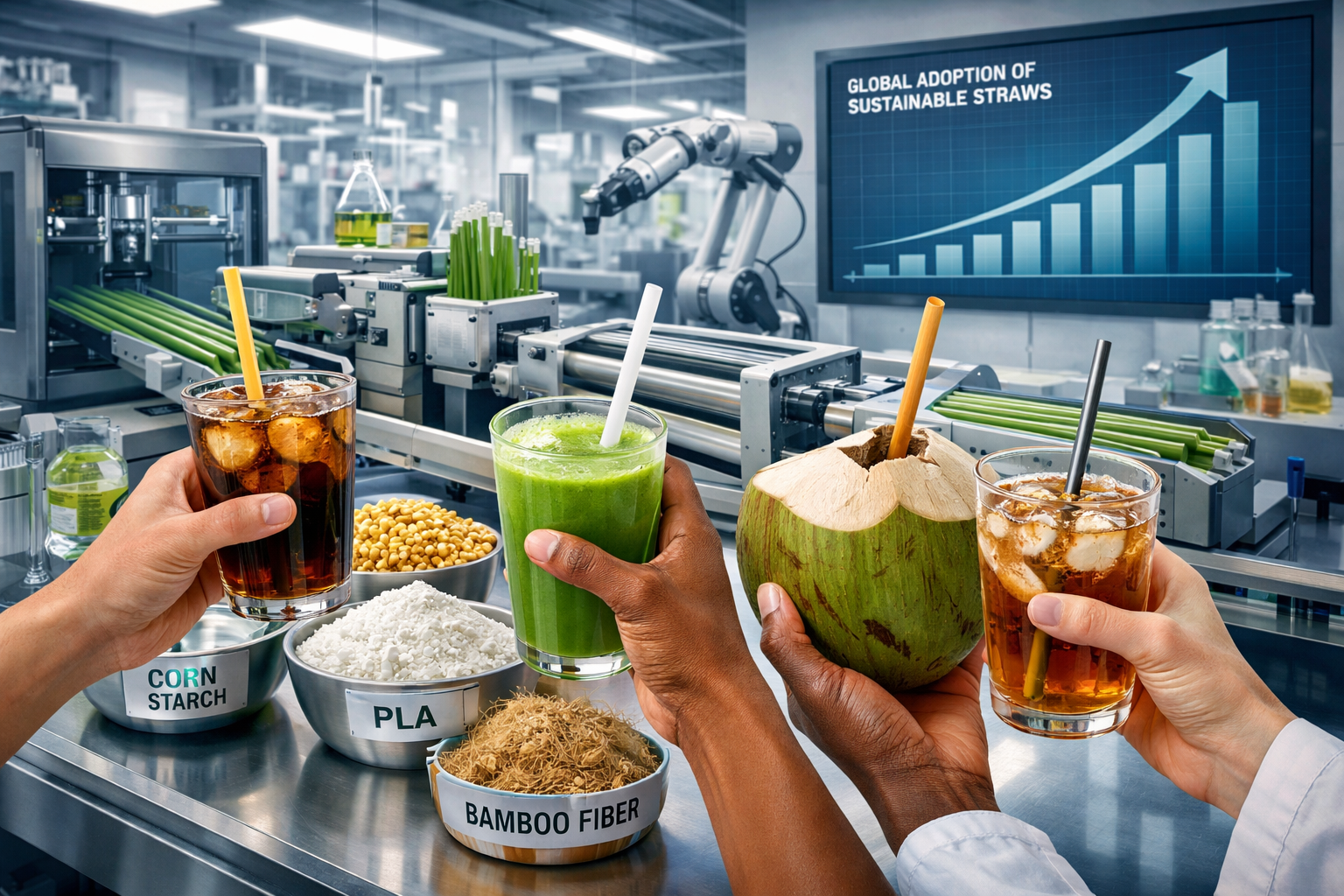 Landscape format (1536x1024) image depicting the innovation and future of plant-based straws and sustainable drinking solutions. A laborator