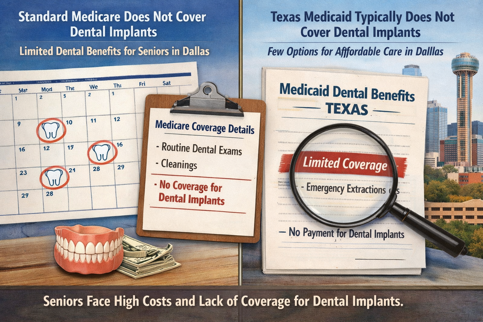 Landscape format (1536x1024) image illustrating a split screen: on one side, a calendar with dates highlighted for dental appointments and a