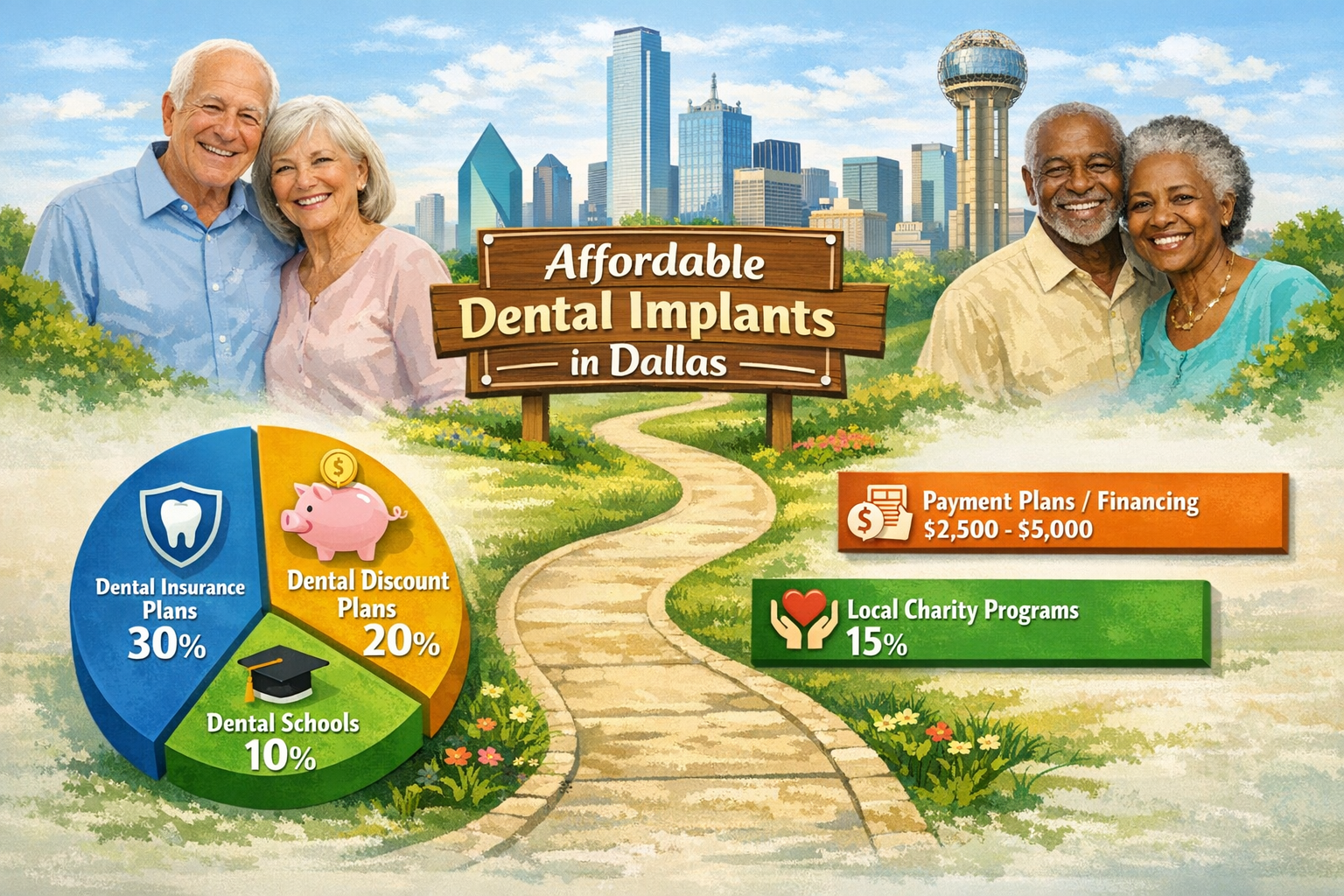 Landscape format (1536x1024) infographic showing various alternative funding options for dental implants for Dallas seniors. This includes a