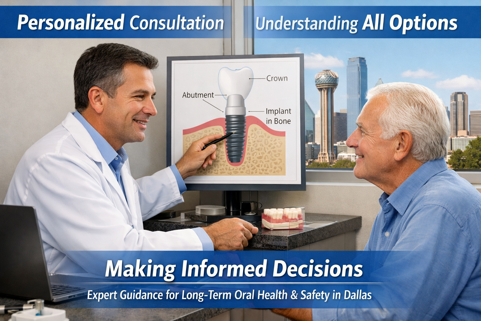 Landscape format (1536x1024) image depicting a knowledgeable Dallas dentist engaging in a reassuring consultation with a senior patient abou