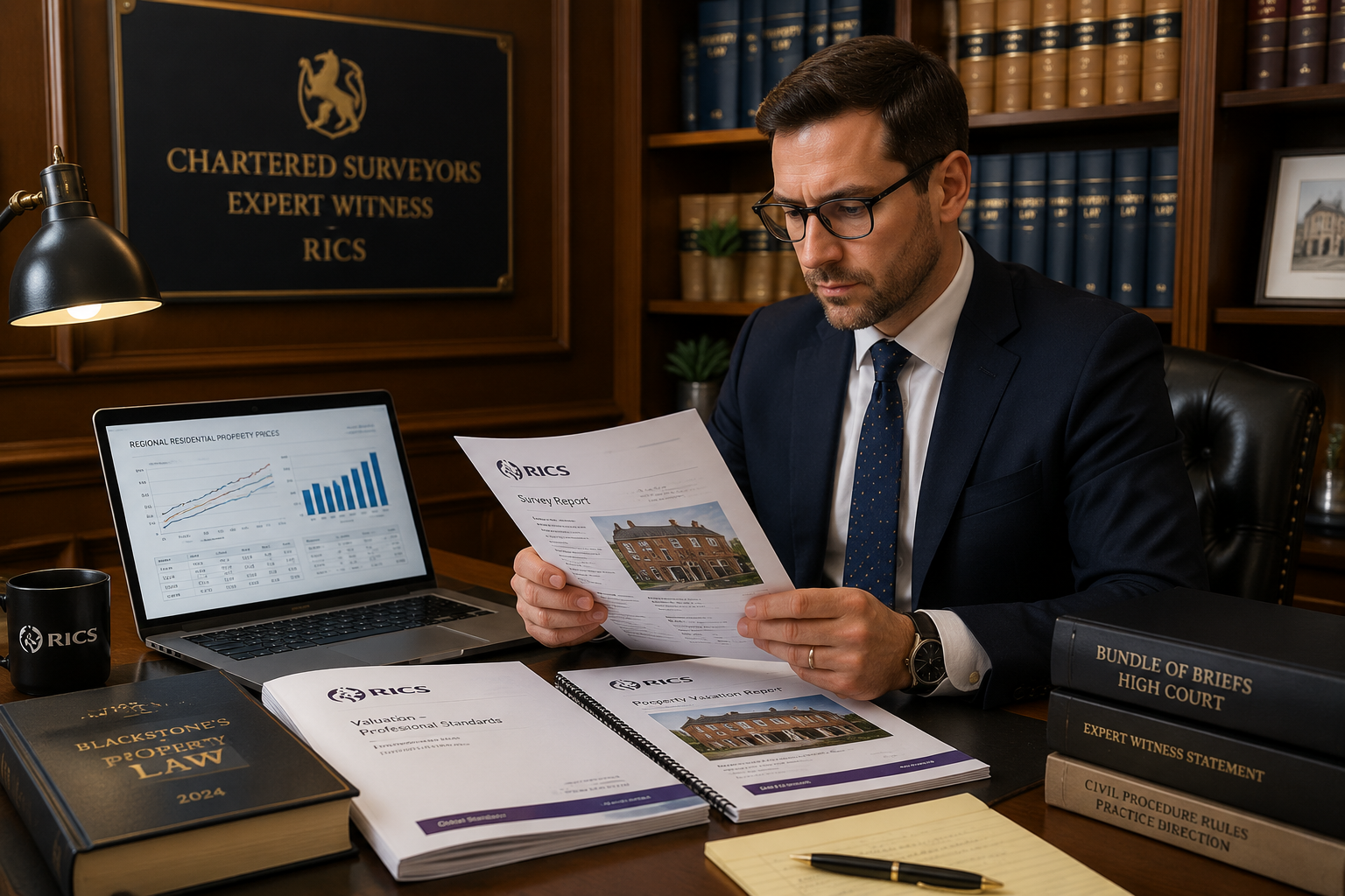 Detailed () showing a formal courtroom-adjacent legal office scene: a chartered surveyor expert witness in professional