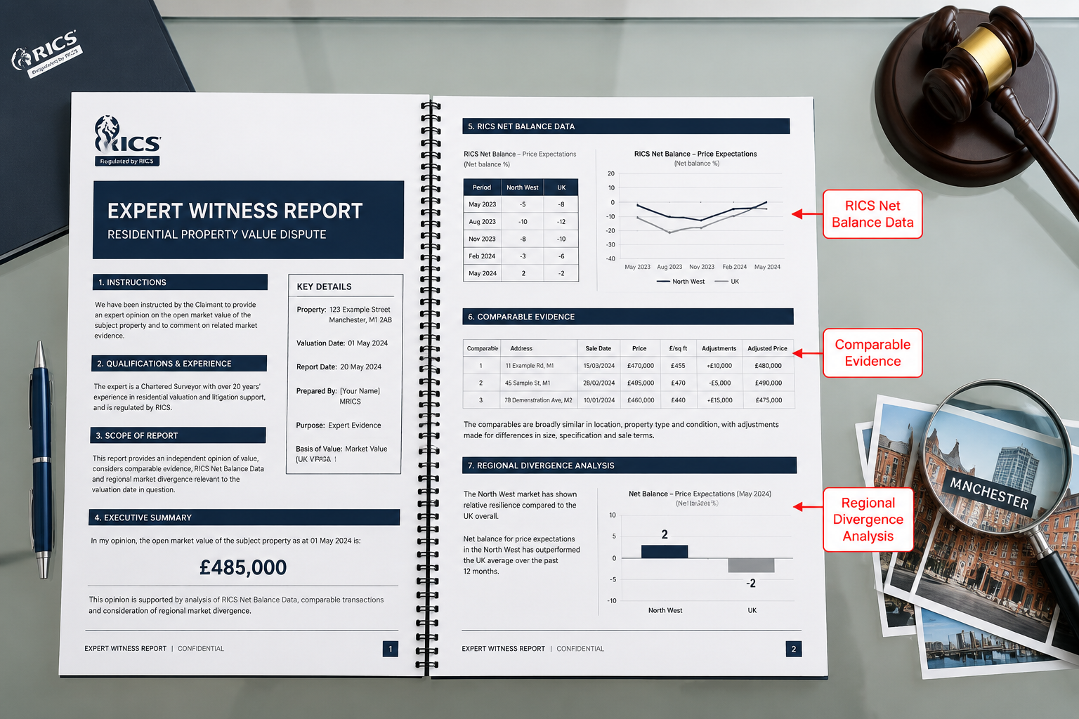 Detailed () showing a structured expert witness report template laid flat on a glass desk, annotated with red markup arrows