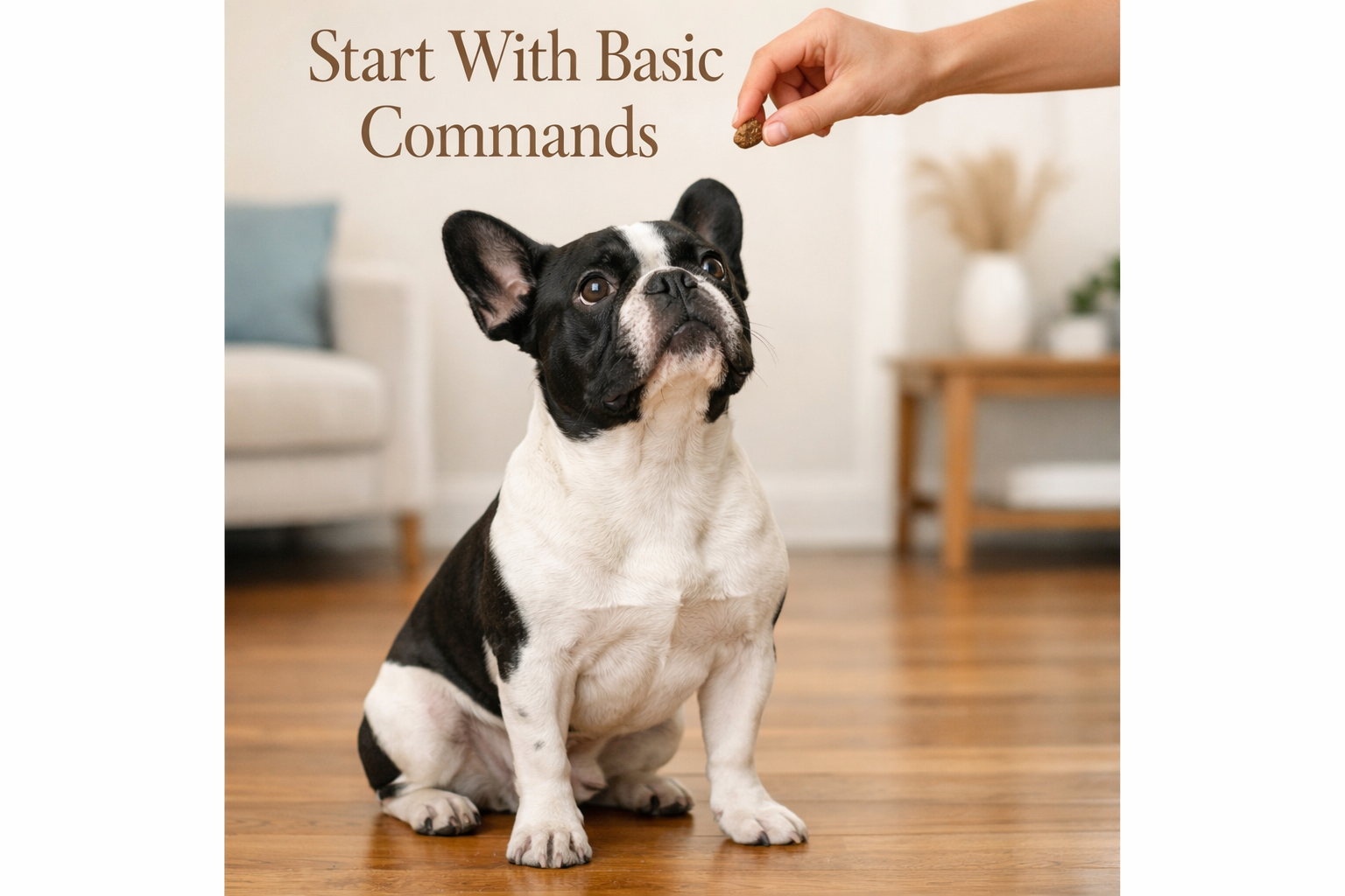 Portrait format (1024x1536) image showing French Bulldog in 'sit' position on hardwood floor with owner's hand holding treat above, demonstr
