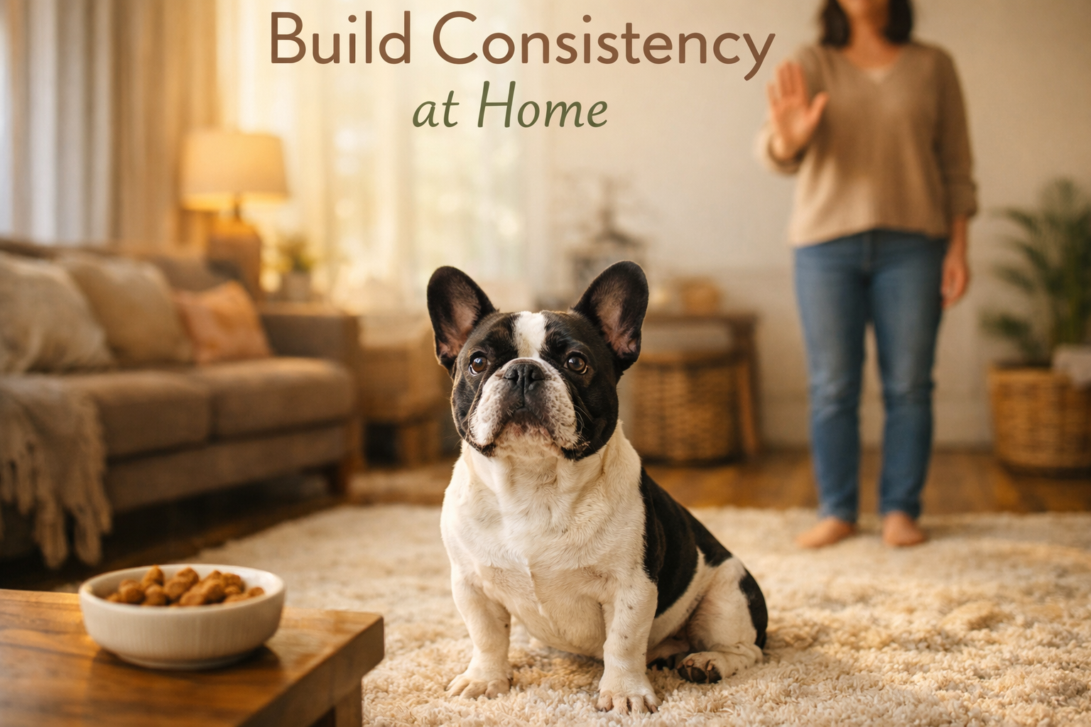 Portrait format (1024x1536) image of French Bulldog practicing 'stay' command in cozy living room setting, with owner standing few feet away