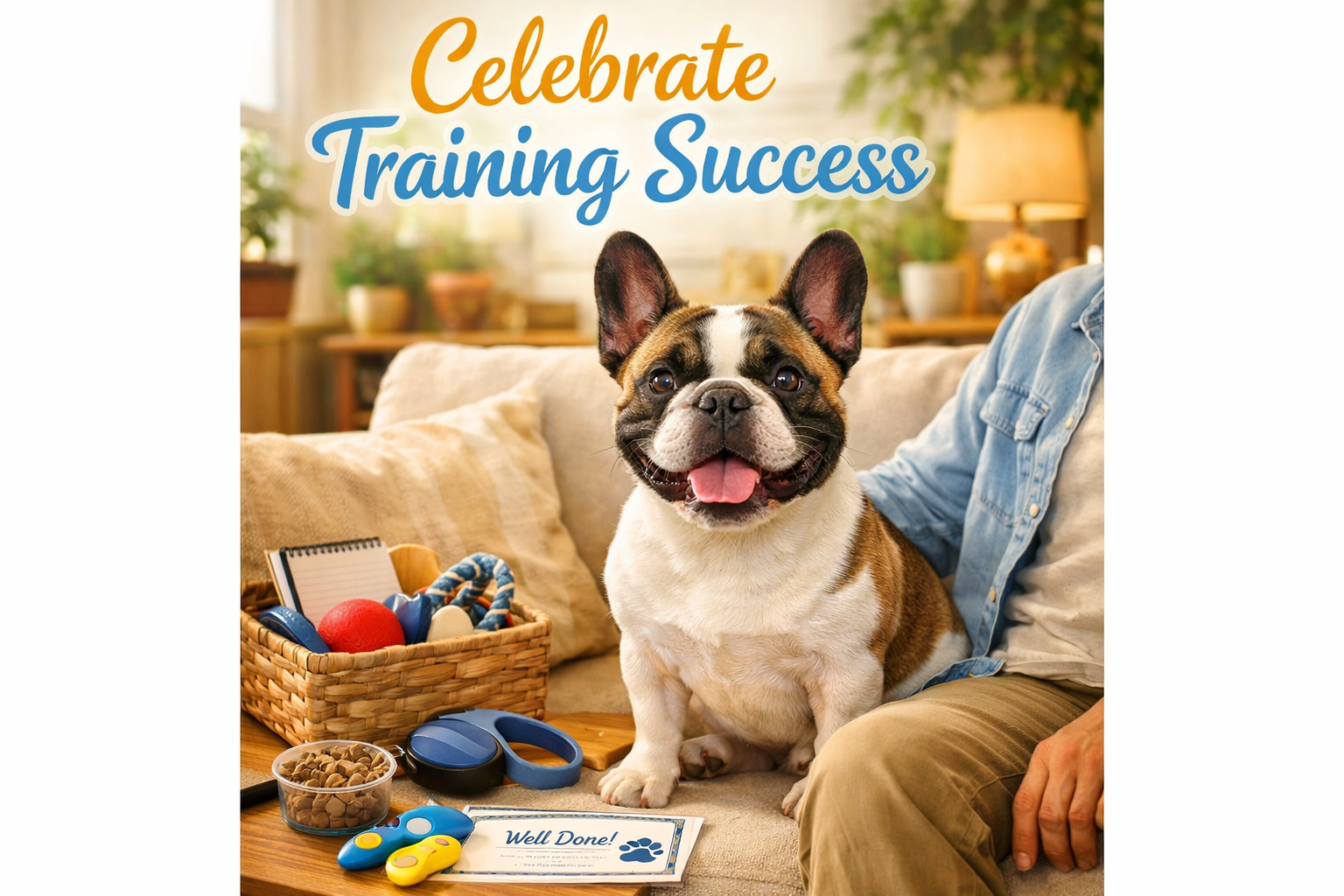 Portrait format (1024x1536) image showing French Bulldog successfully completing training session, sitting calmly beside owner on couch in a