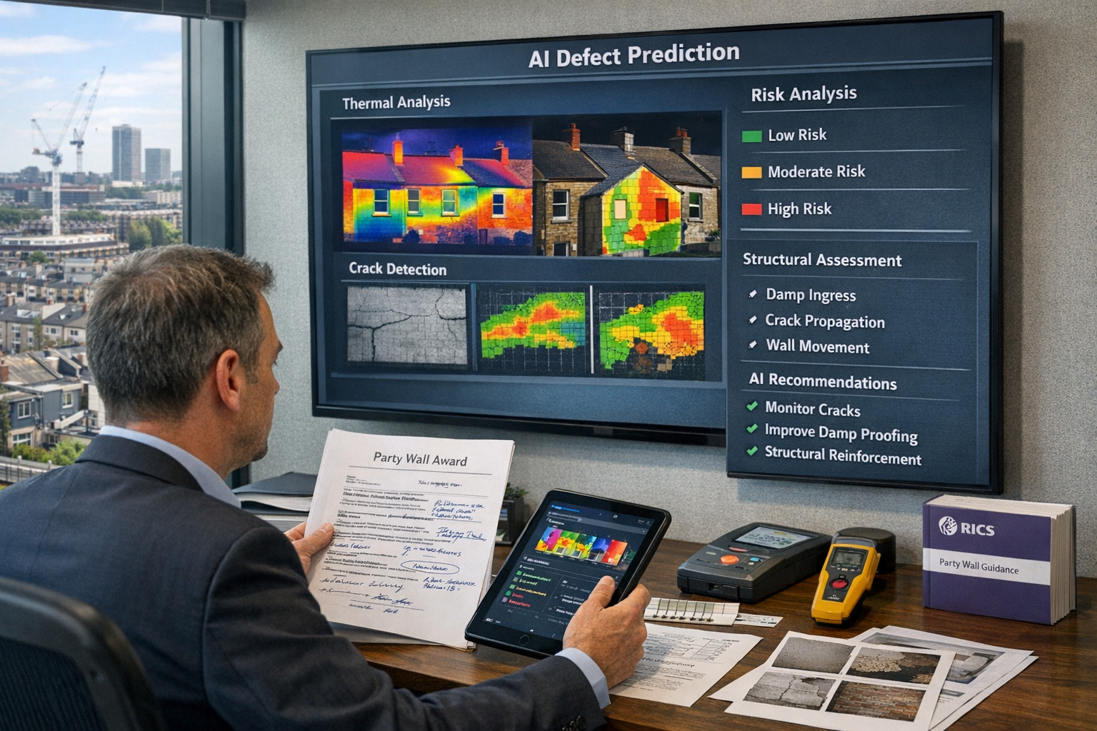 () realistic scene inside modern surveying office showing party wall dispute resolution workflow enhanced by AI technology.