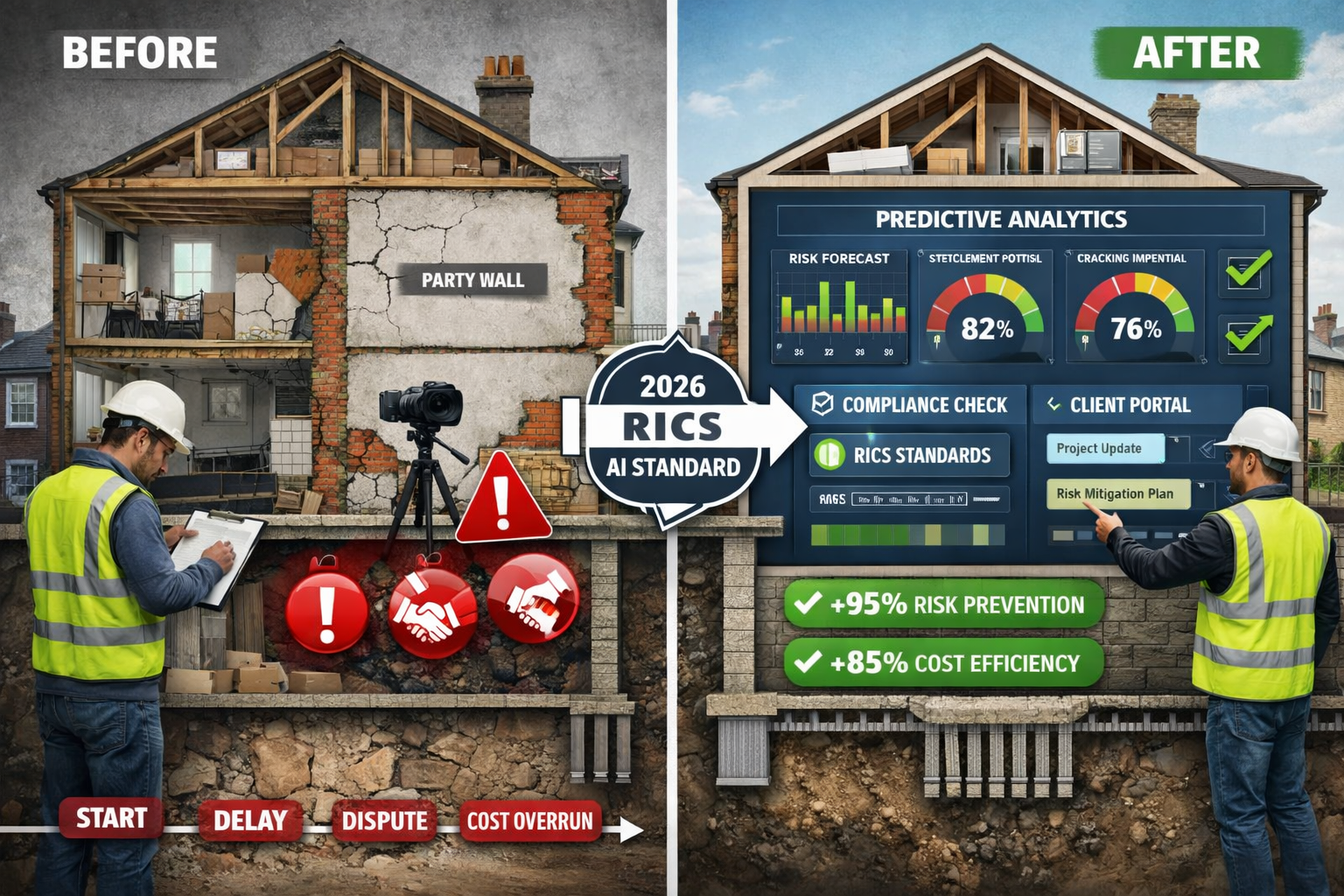 () split-composition architectural visualization showing before-and-after comparison of party wall dispute prevention in