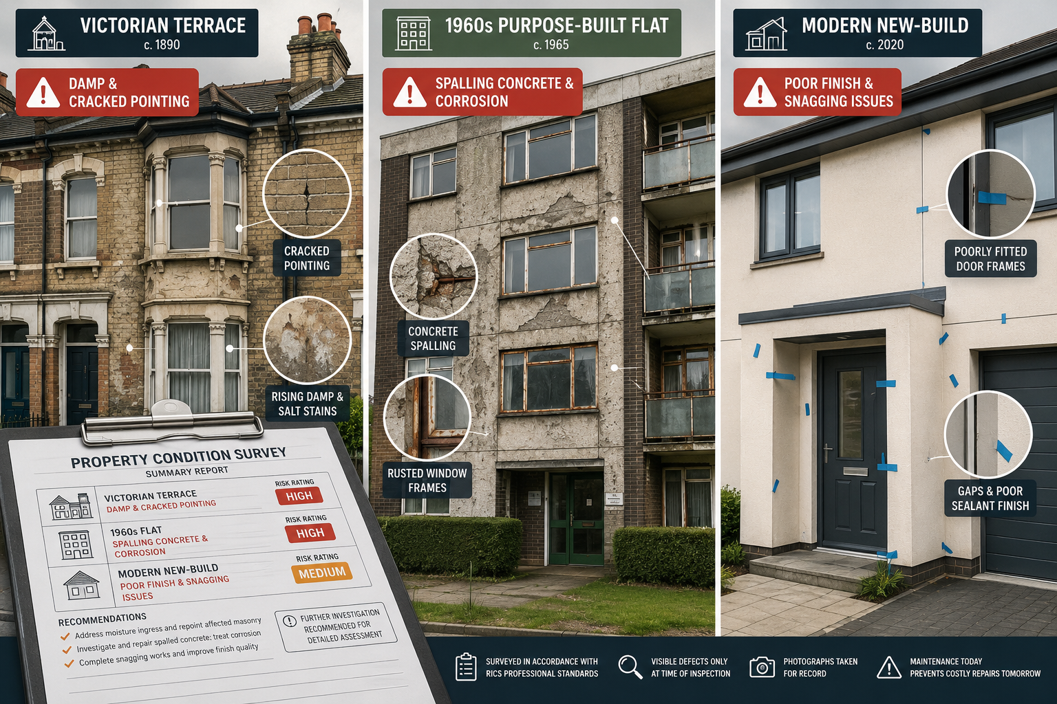 Detailed () editorial illustration showing a split-panel comparison of three UK property types side by side: a Victorian