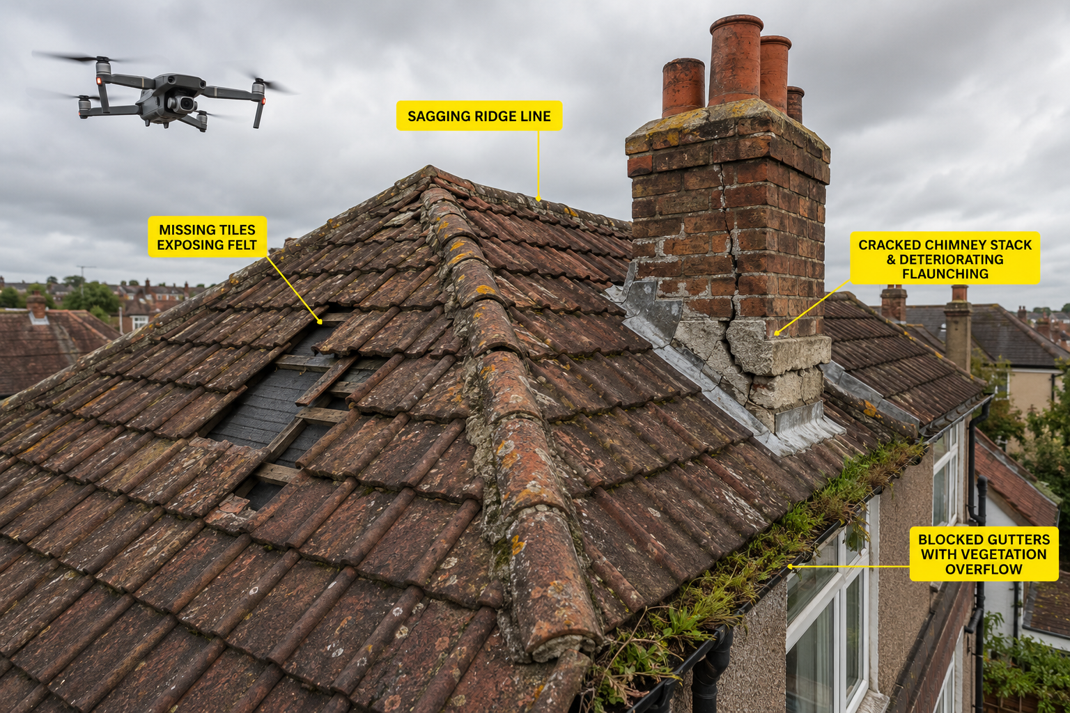 () close-up aerial overhead shot of a UK residential roofline showing multiple defect hotspots: missing clay roof tiles with